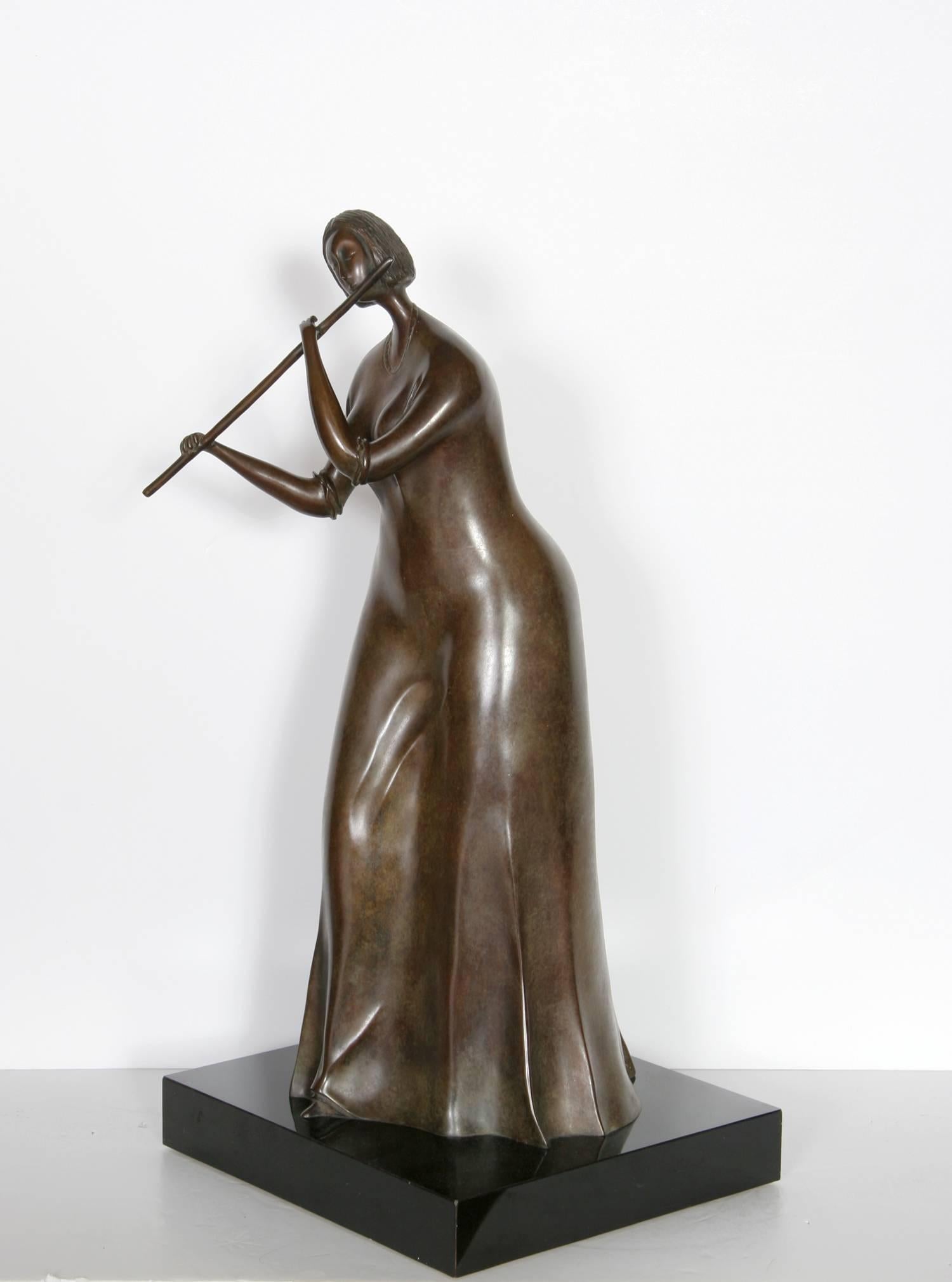 The Flautist - Gold Figurative Sculpture by Branko Bahunek