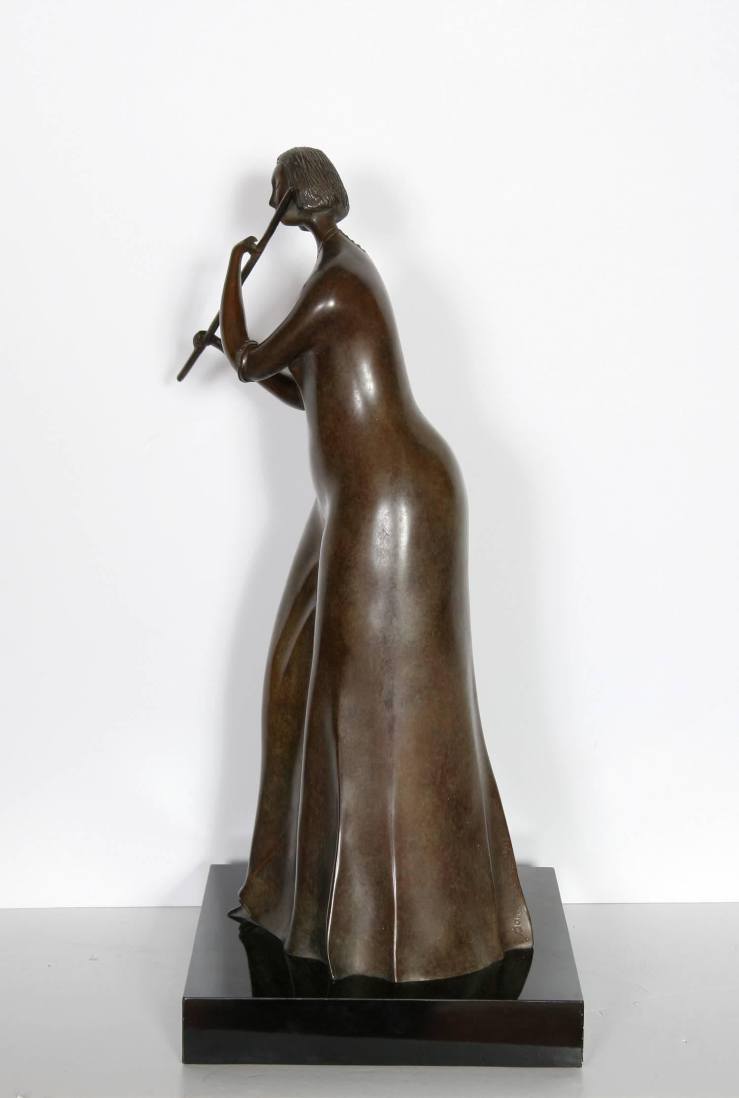 Artist: Branko Bahunek, Croatian (1935 - )
Title: The Flautist
Year: 1990
Medium: Bronze Sculpture, Signature and number inscribed
Edition: 10/15 
Size: 20.5 in. x 8 in. x 8 in. (52.07 cm x 20.32 cm x 20.32 cm); 23 inches tall incl. base 