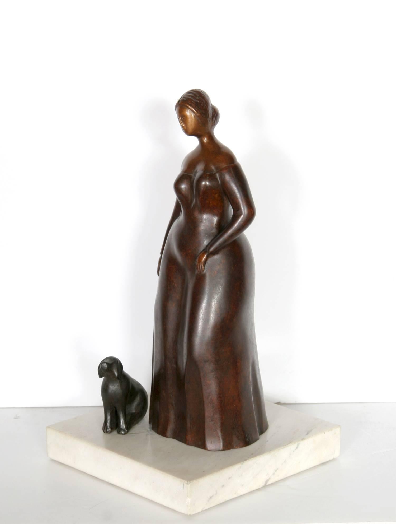 Frau mit Hund, Bronzeskulptur auf Tischplatte von Branko Bahunek im Angebot 1