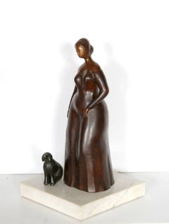 Woman with Dog, Table-top Bronze Sculpture by Branko Bahunek