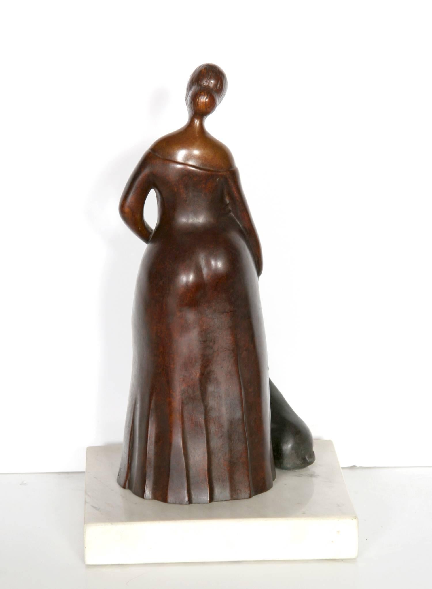 Artist: Branko Bahunek, Croatian (1935 - )
Title: Woman with Dog
Year: circa 1990
Medium: Bronze Sculpture, Signature 'BB' inscribed
Size: 12  x 6  x 5 in. (30.48  x 15.24  x 12.7 cm)
Base 1.5 inches tall