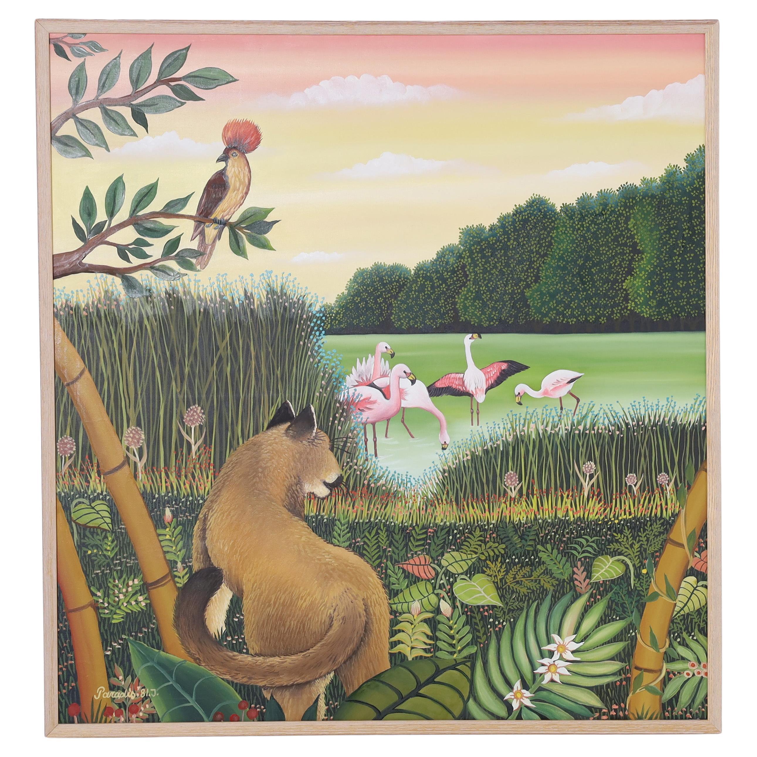 Branko Paradis, Gemälde auf Leinwand von einem Löwen oder Panther mit Vögeln, Branko Paradis