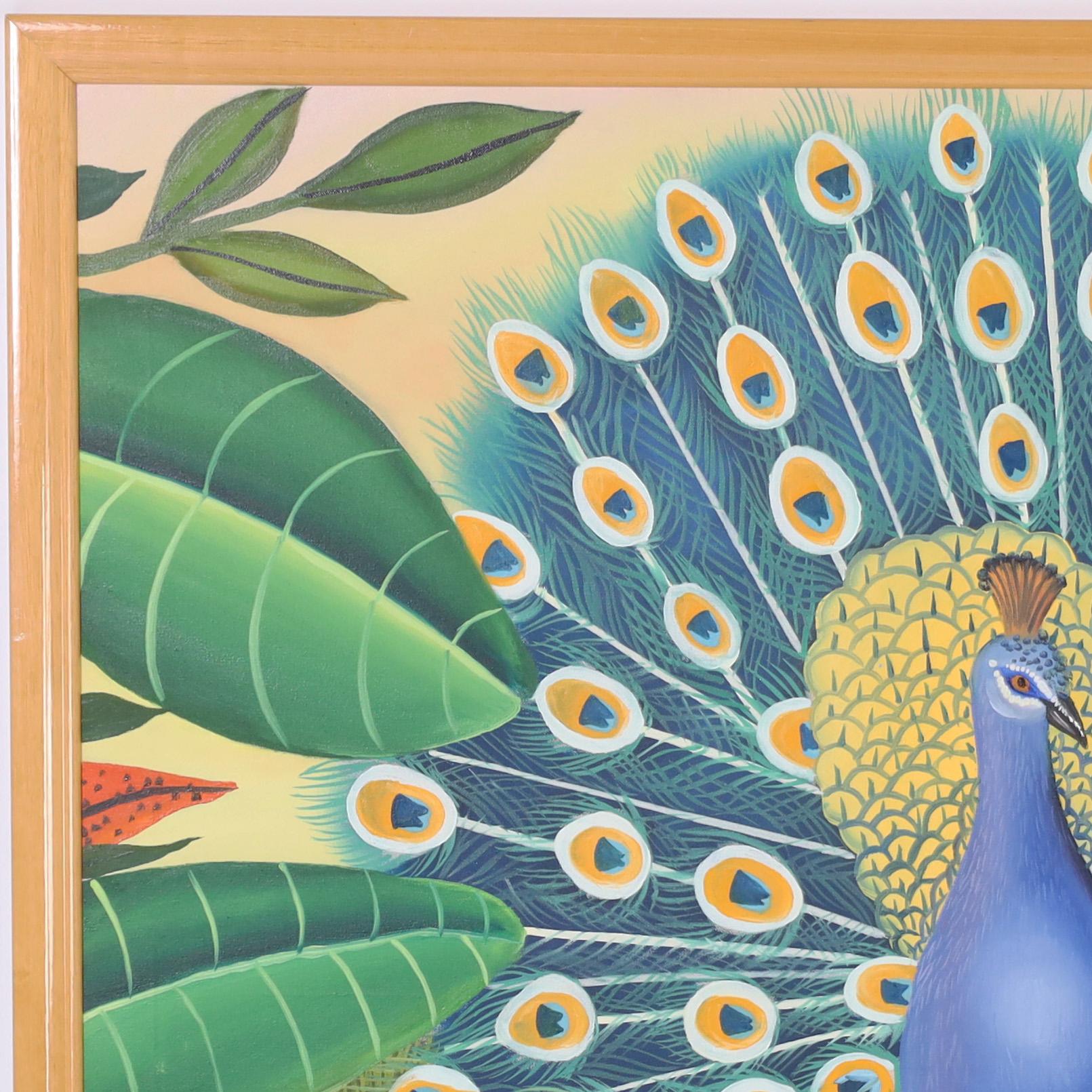 Peinture acrylique sur toile représentant un paon exhibant ses plumes dans un décor floral fantastique, exécutée dans un charmant style naïf. Signé Paradis 82 et présenté dans un cadre en bois.