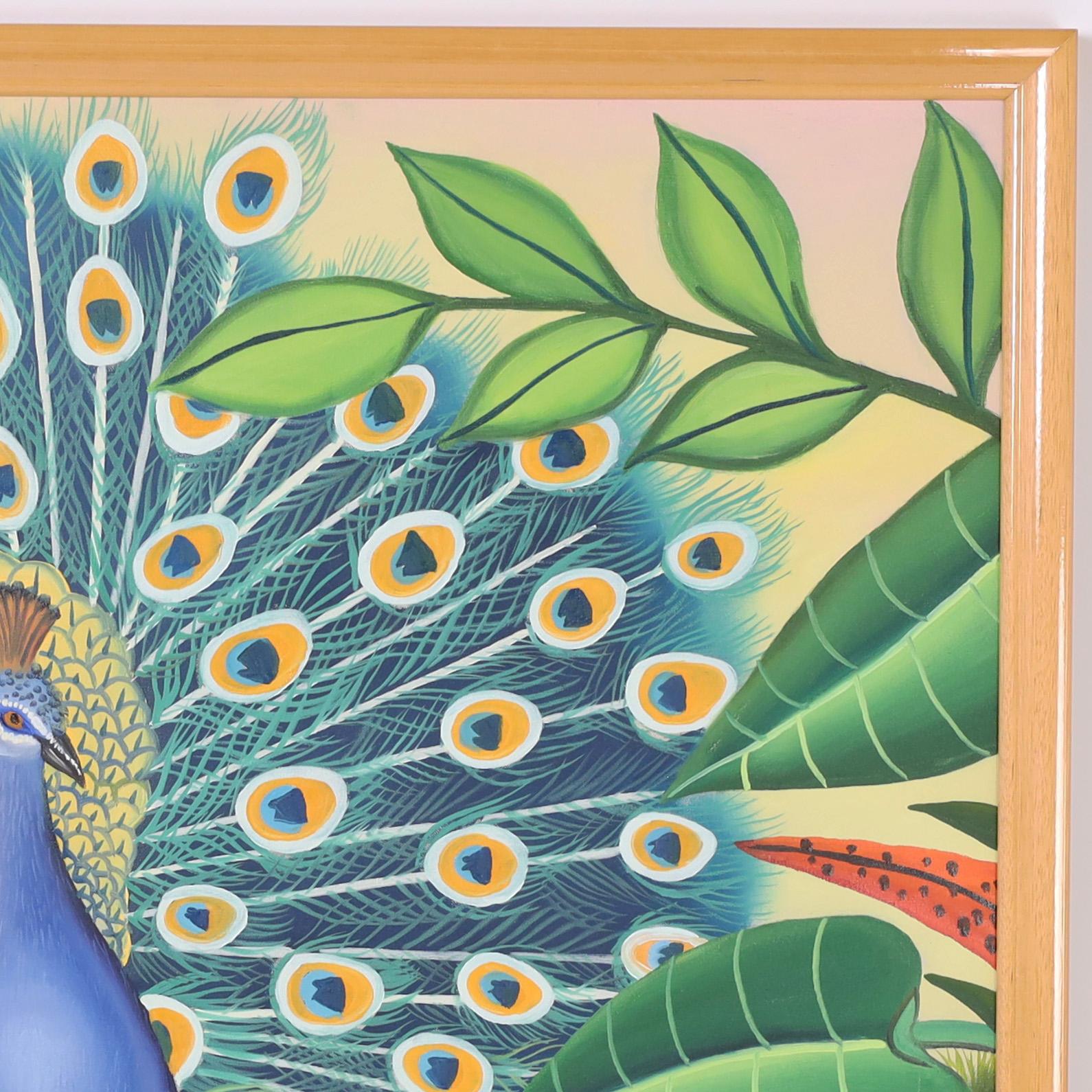 Folk Art Branko Paradis Painting on Canvas of a Peacock For Sale