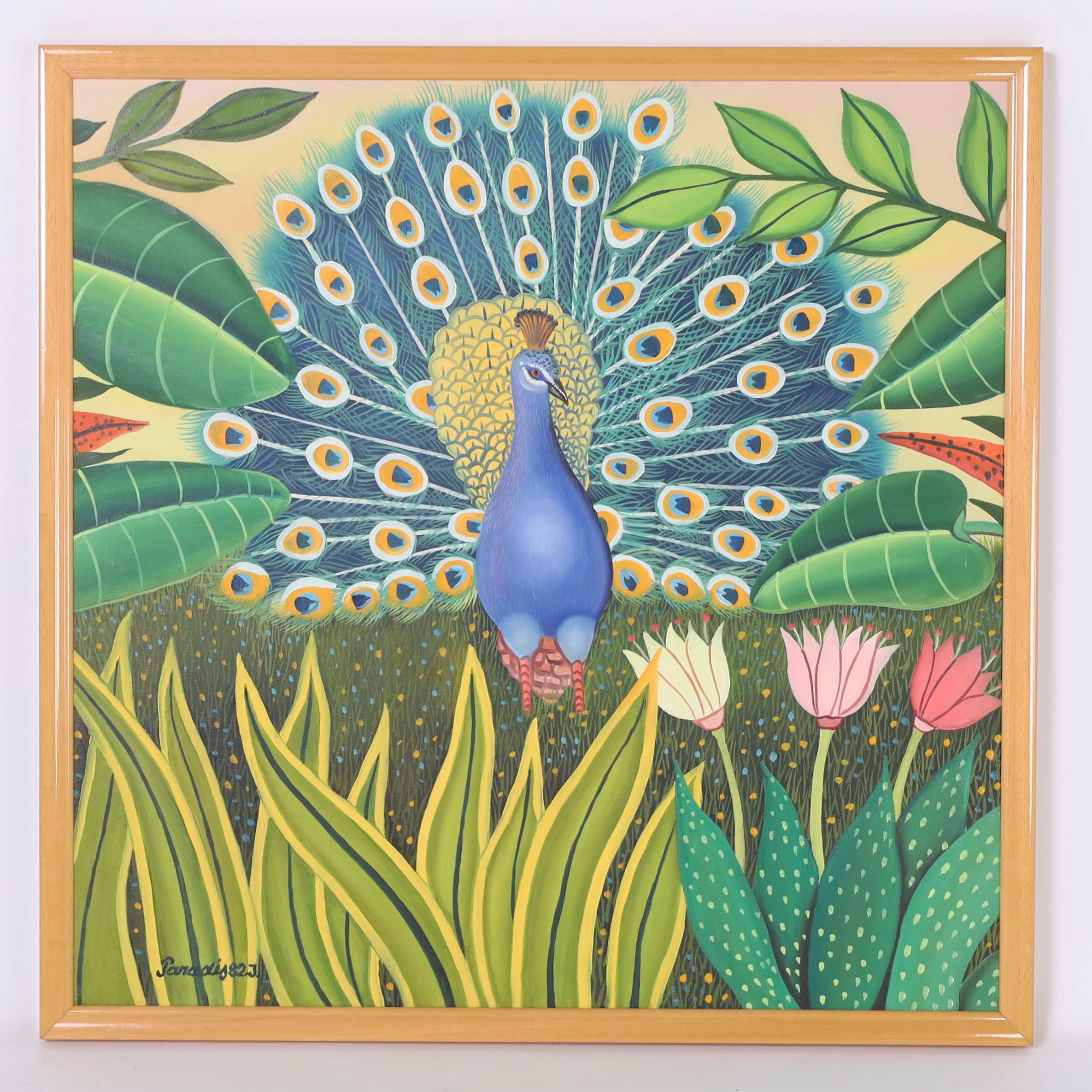 Eye catching acrylic painting on canvas of a peacock showing off his feathers in a fantasy floral setting executed in a charming naive style. Signed Paradis 82 and presented in a wood frame.