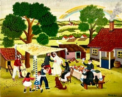 Grande scena di matrimonio ebraico in stile folkloristico  Branko Paradis Pittura ad olio Naive Judaica