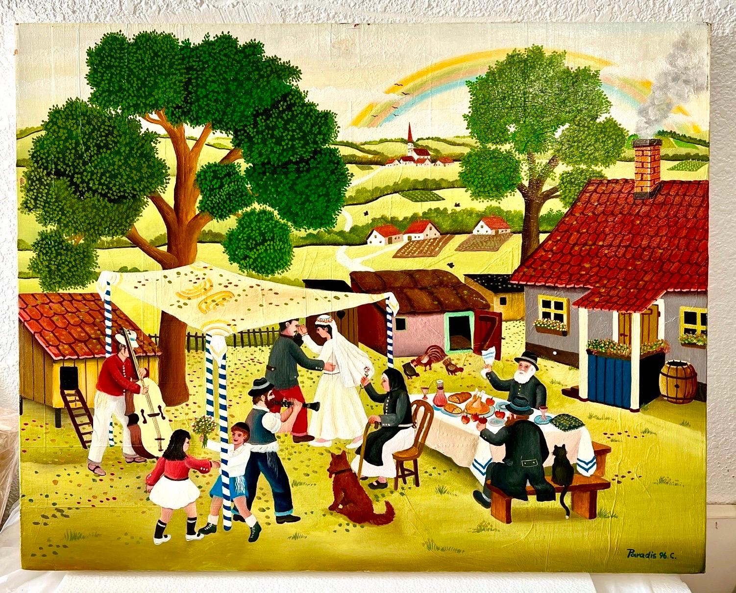 Large Folk Art Jewish Wedding Scene  Branko Paradis Oil Painting Naive Judaica  2