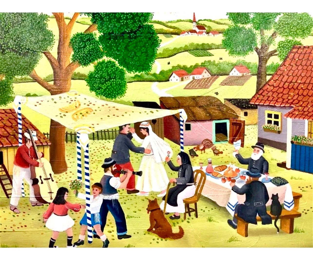 Hand signed in lower right corner Paradis 96.
Depicts a Jewish wedding celebration with music and people dancing with a small shtetl village and synagogue in the background with a rainbow over head in the sky and embroidered menorah decorations on