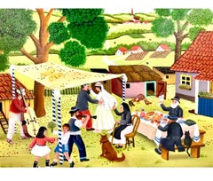 Grande scène de mariage juive d'art populaire Peinture à l'huile naïve judaïque du Paradis de Branko