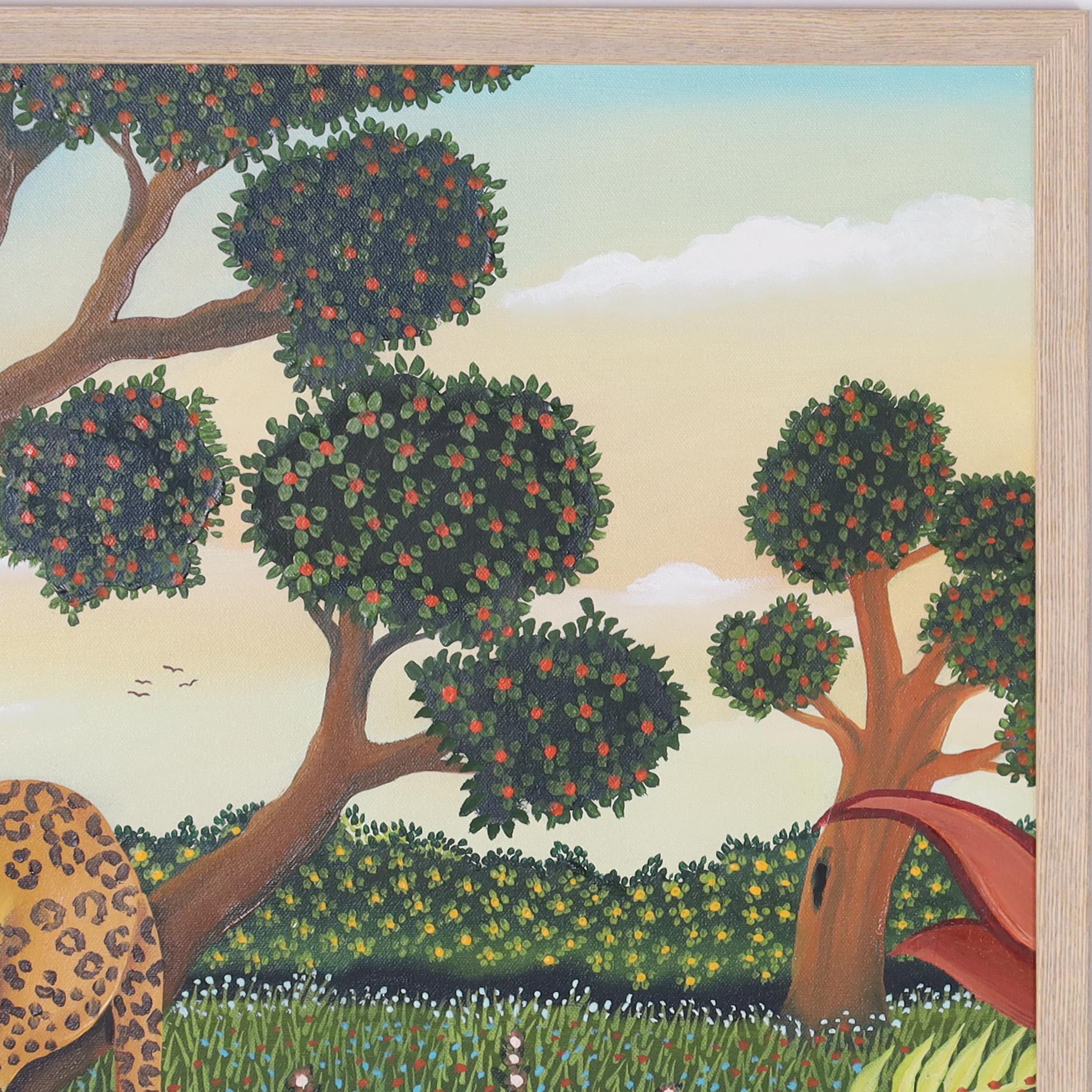 Charming mid century acrylic painting on canvas of a leopard with fauna and flora, executed in an enchanting naive style. Signed Paradis 82 and presented in a wood frame. 