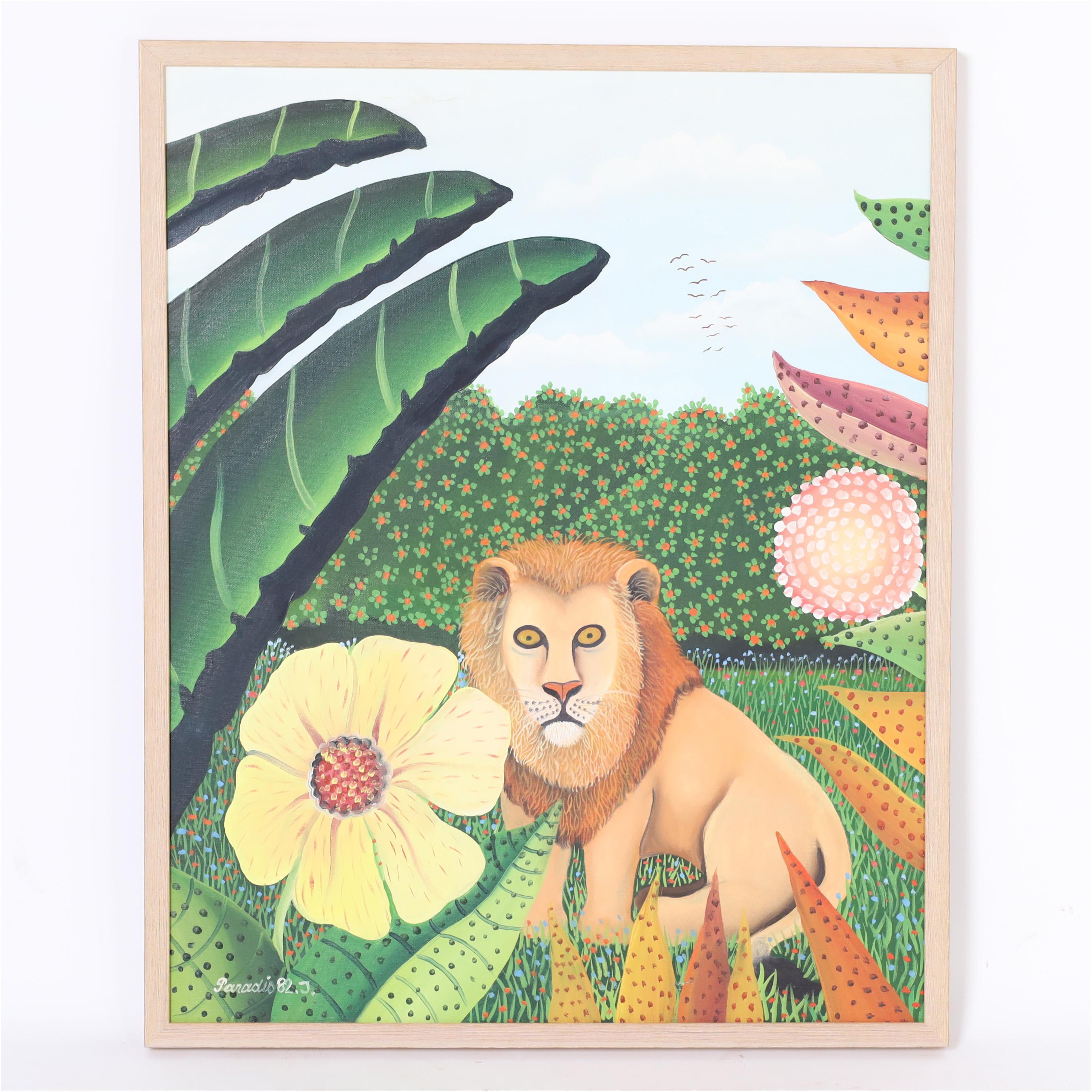 Enchanting acrylic painting on canvas of a lion in a fantasy jungle setting executed in a charming naive style. Signed Paradis 82 in the lower left and presented in a wood frame.
