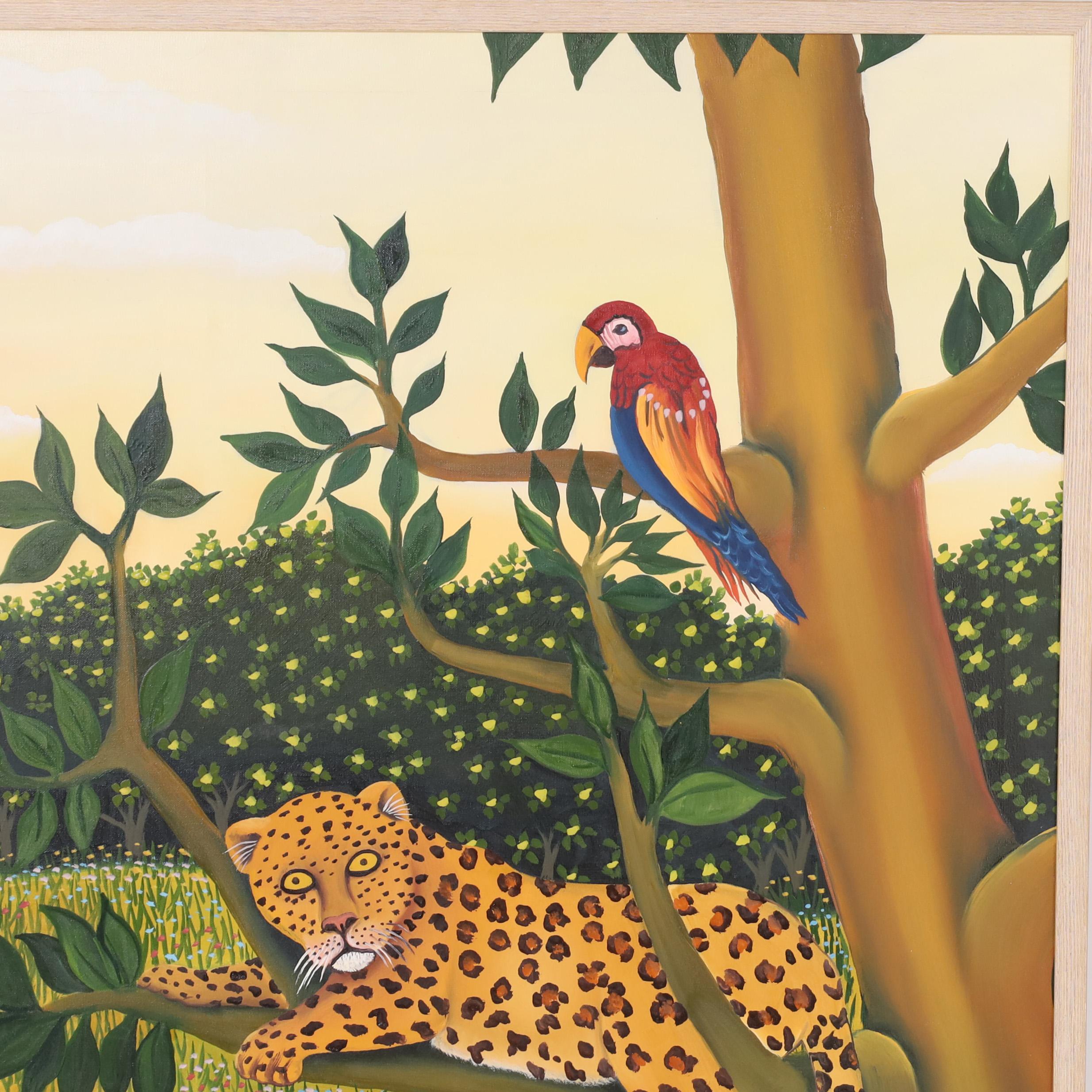 Vintage Painting on Canvas of a Leopard and Parrot in a Jungle Setting For Sale 1