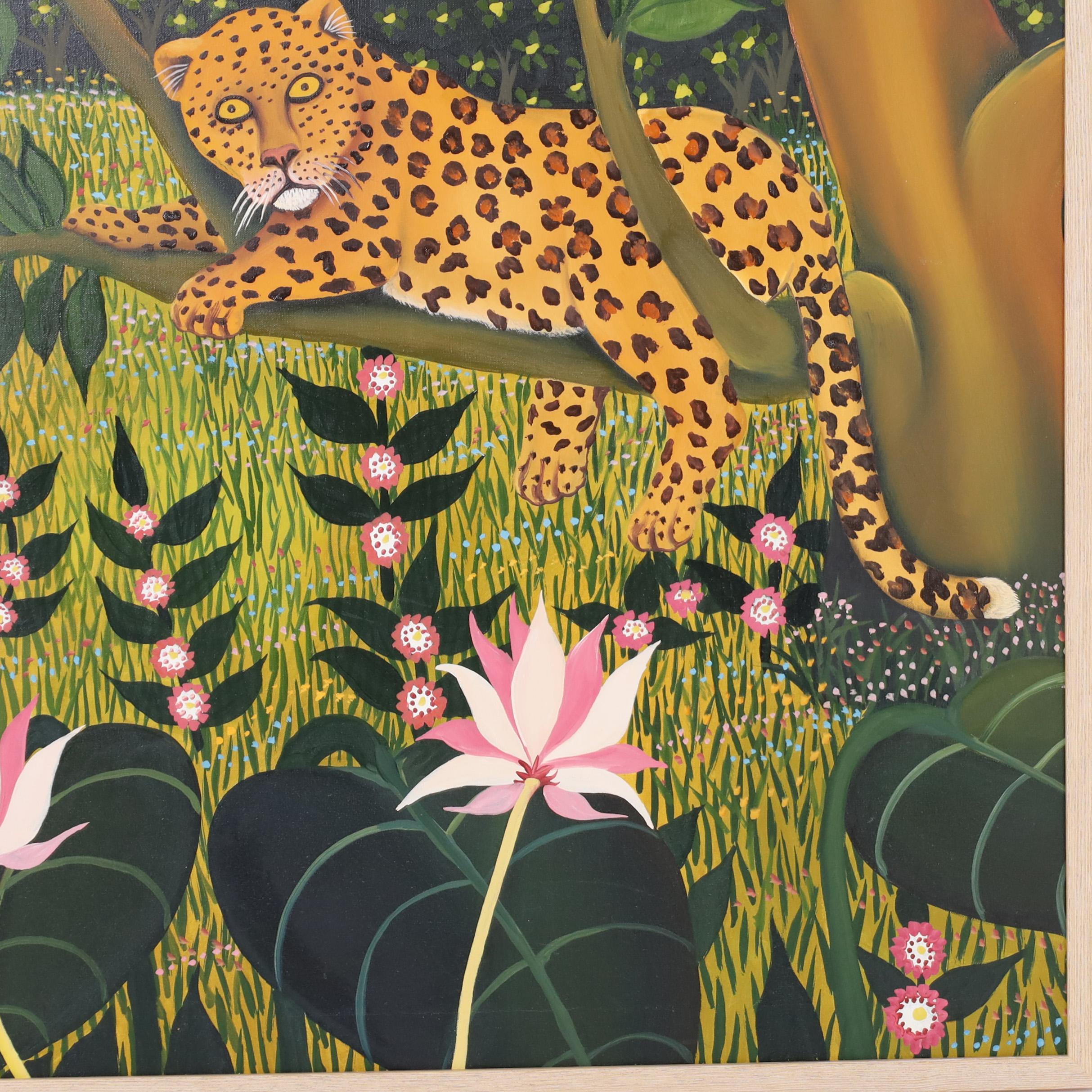 Striking vintage acrylic painting on canvas of a reclining leopard and parrot in a jungle landscape with tropical plants, executed in a distinctive naive style. Signed 