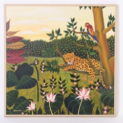Antique Painting on Canvas of a Leopard and Parrot in a Jungle Setting