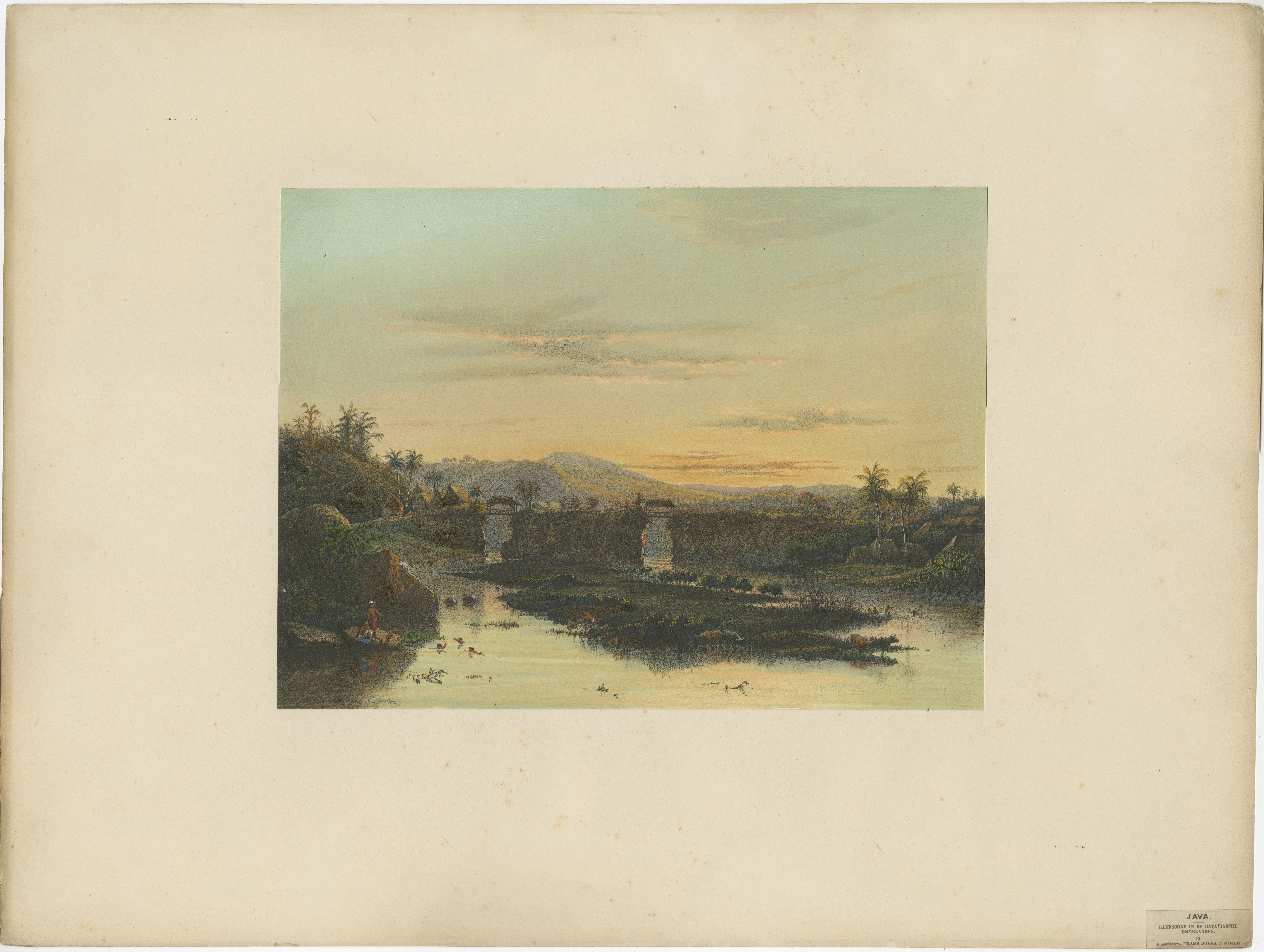 Der Fluss Brantas als Gebirgsbach - Landschaftslithografie Ostjava, 1872

Diese leuchtende und ruhige Szene fängt den Brantas-Fluss in seinem frühen, bergigen Lauf ein, der durch die Pasoeroean-Residenz in Ost-Java fließt. Es handelt sich um die