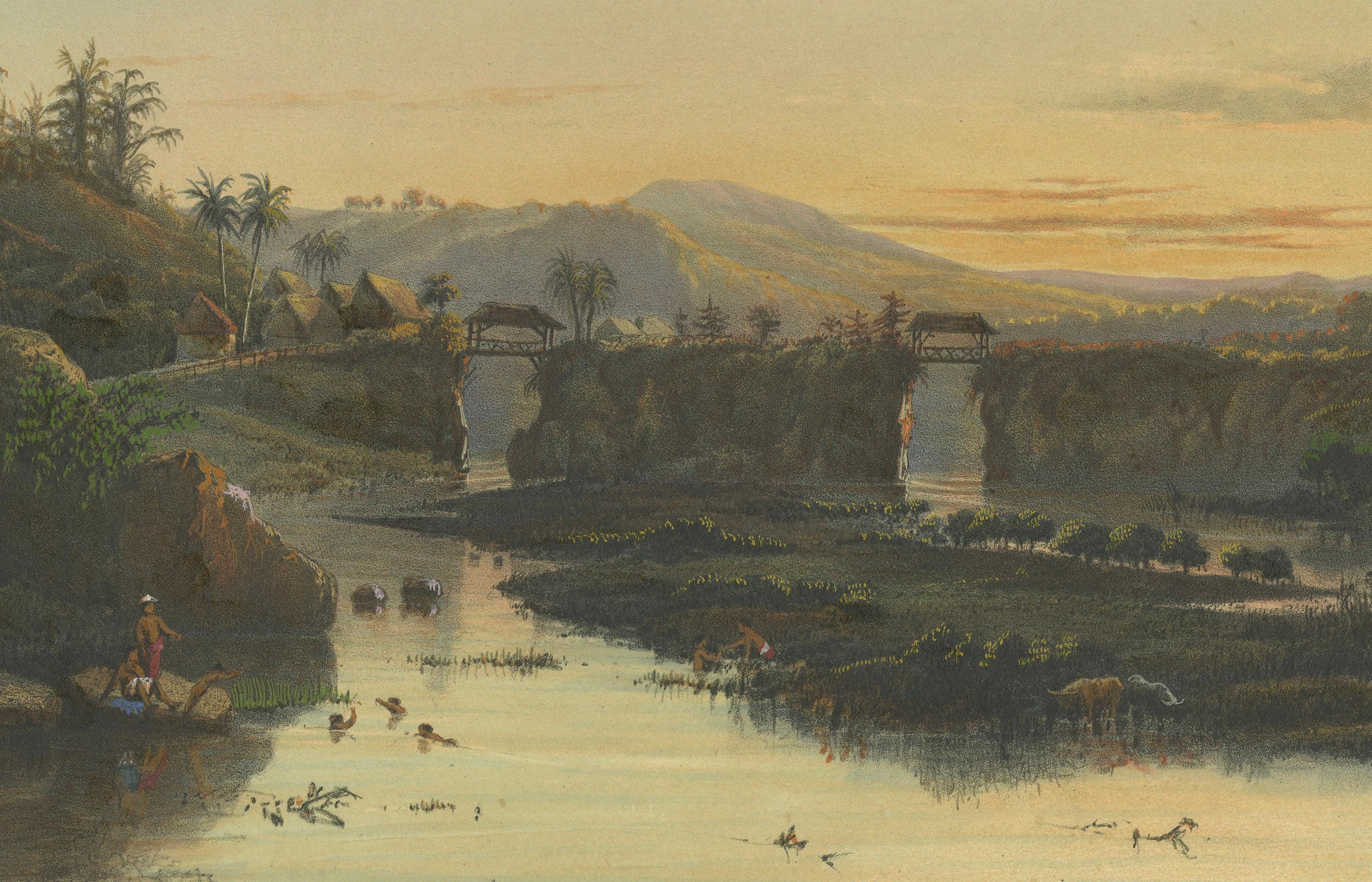 Der Fluss Brantas als Gebirgsbach - Landschaftslithografie Ostjava, 1872 im Zustand „Gut“ im Angebot in Langweer, NL