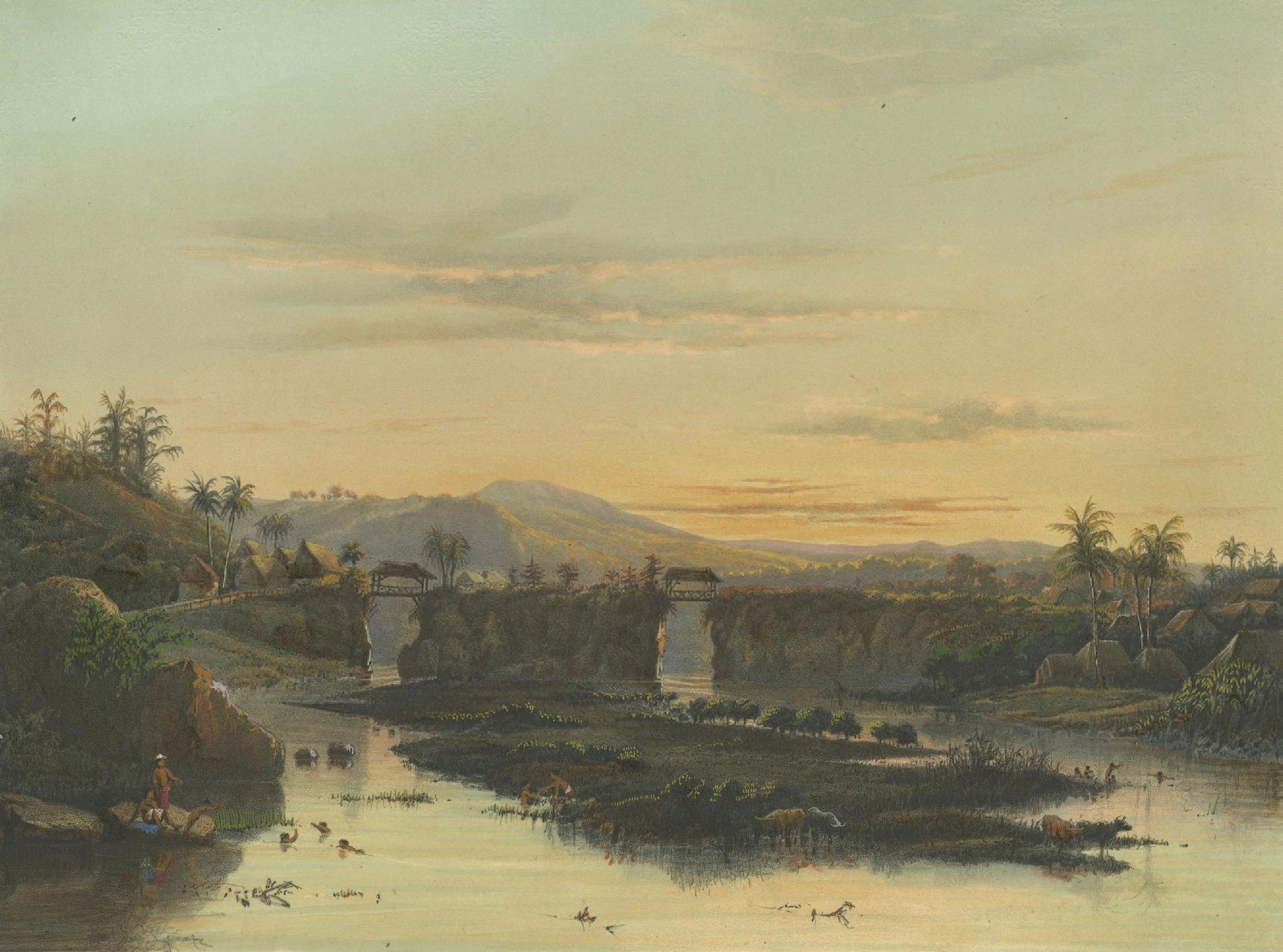 Der Fluss Brantas als Gebirgsbach - Landschaftslithografie Ostjava, 1872 (Spätes 19. Jahrhundert) im Angebot