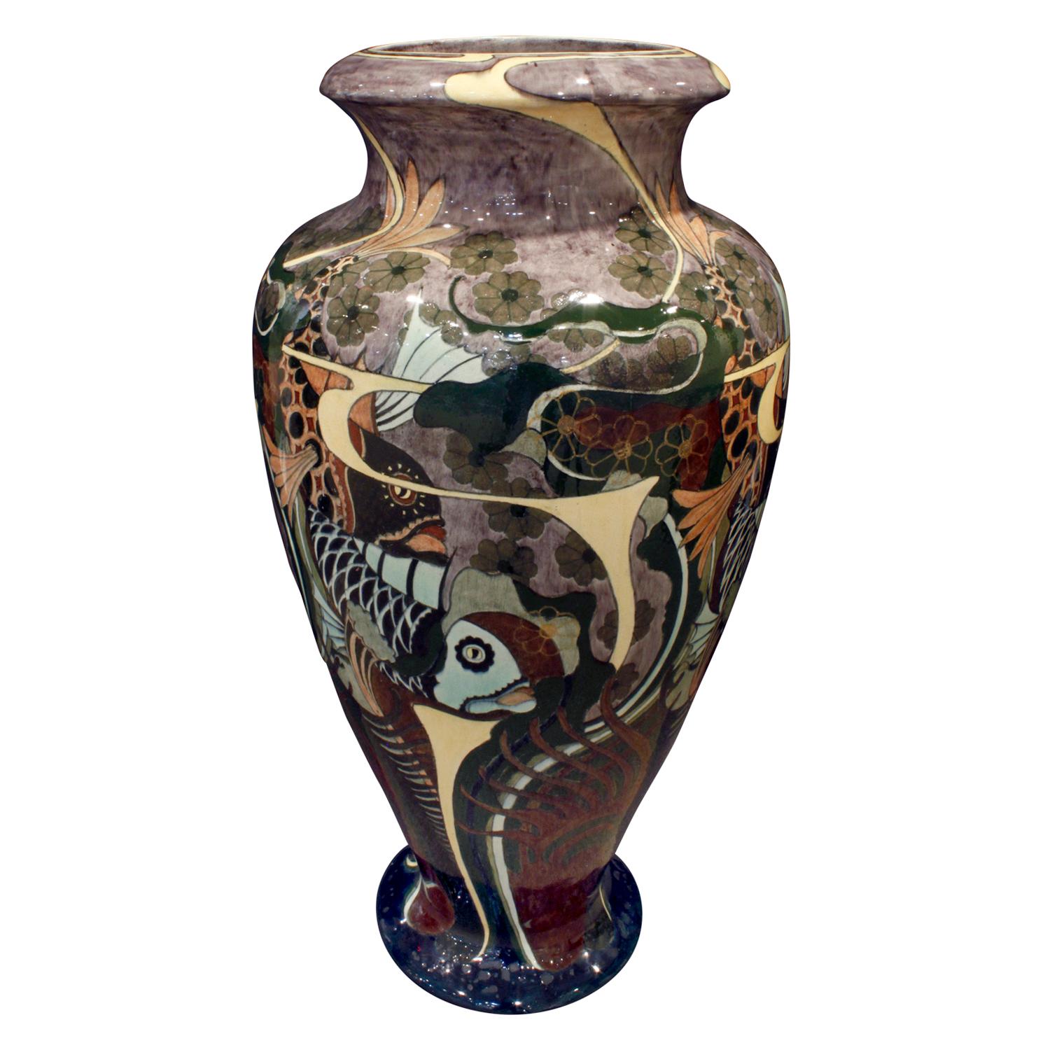 Pair of monumental Art Nouveau hand painted ceramic vases by N.S.A. Brantjes & Co, Holland, circa 1896 (signed on each on bottom 