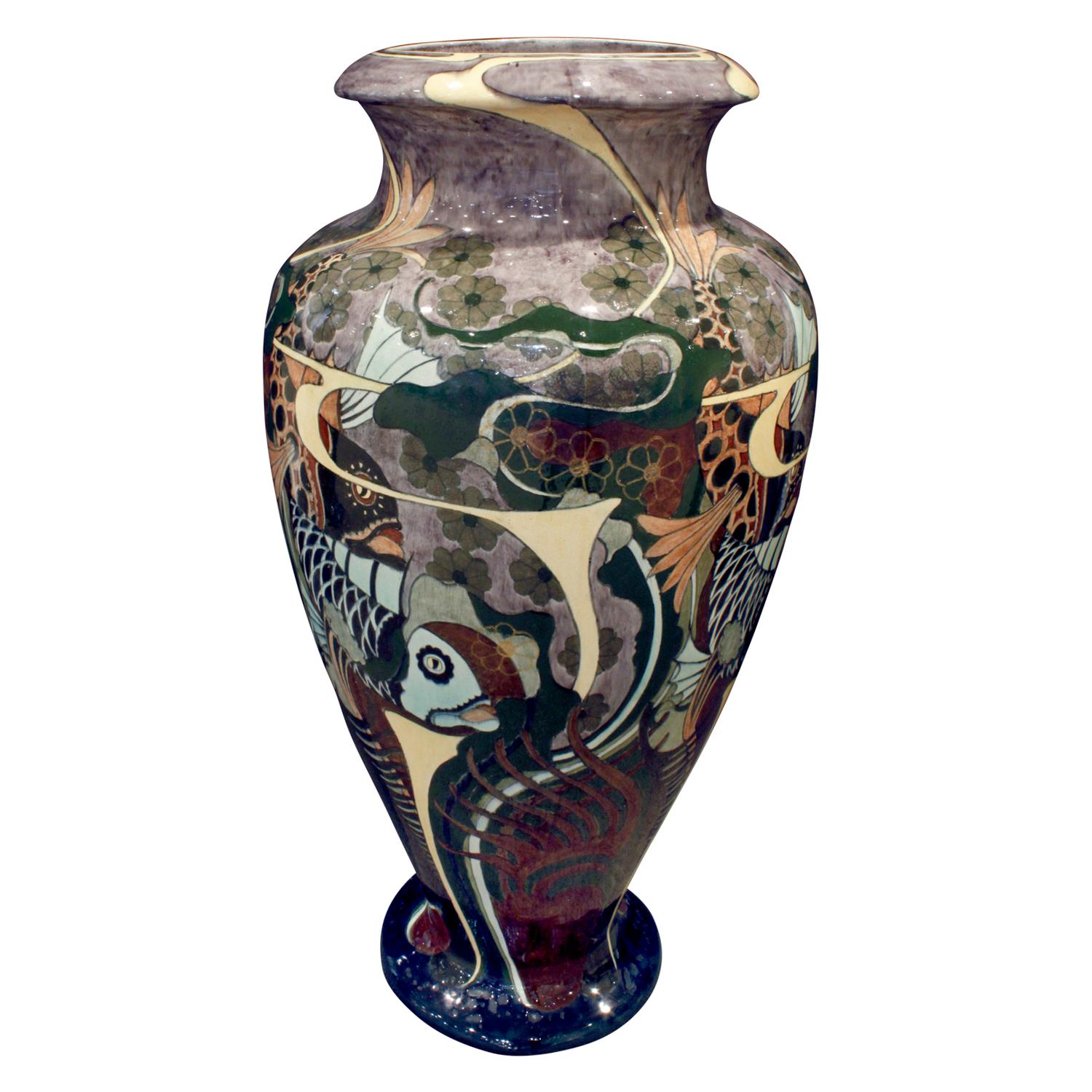 Dutch Brantjes Pair of Monumental Art Nouveau Hand Painted Ceramic Vases 1896 ‘Signed’