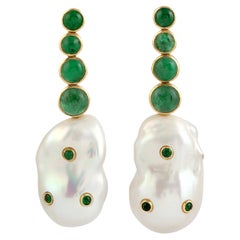 Braoque Pearl Dangle Earrings With Round Emerald made In 18k Yellow Gold