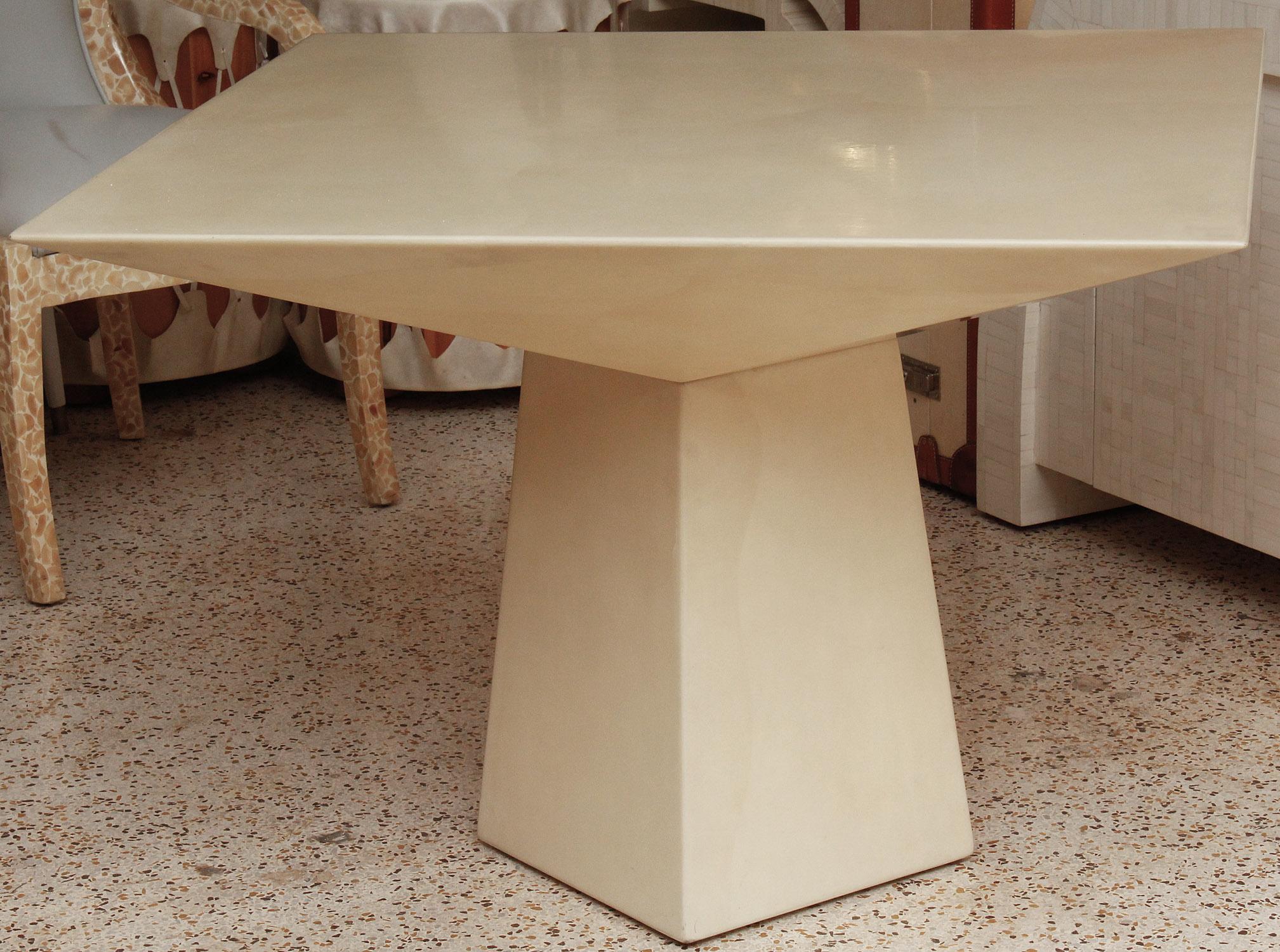 This exceptional lacquered goatskin table by Ron Seff, circa 1980, features a unique multi-faceted design. Suitable as a center table, game table, or intimate dining table.