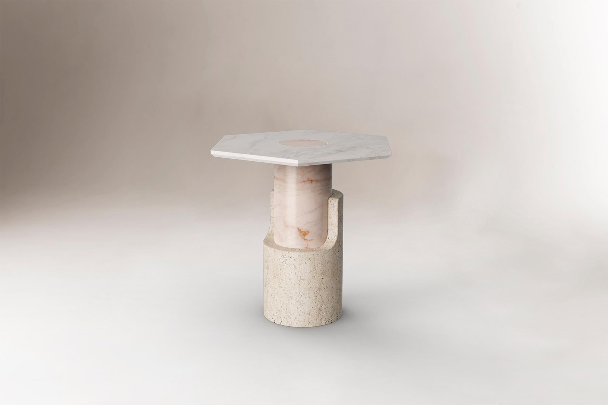 Celebrating a new invented reality, smooth and rough surfaces contrast with one another giving way to a new approach in shape and balance. Braque side table shows a torn and fragmented form, exposing the inner core of its base, which can be seen