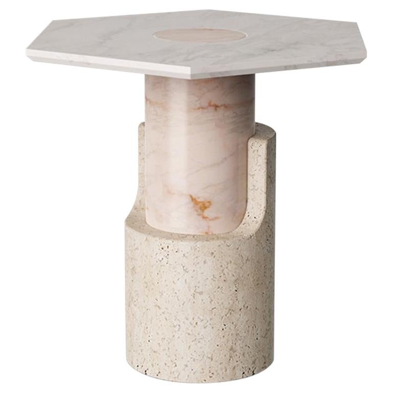 DOOQ Side Table in Travertine and Estremoz White Marble Braque