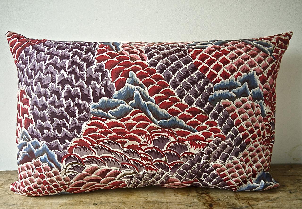 Classic Braquenie design called le rocher or the rocks printed in violet, rose, blue and eggplant on cotton. Striking design adapted from an 18th century Indian tree of life. Self-backed and slip-stitched closed with a duck feather cushion pad.