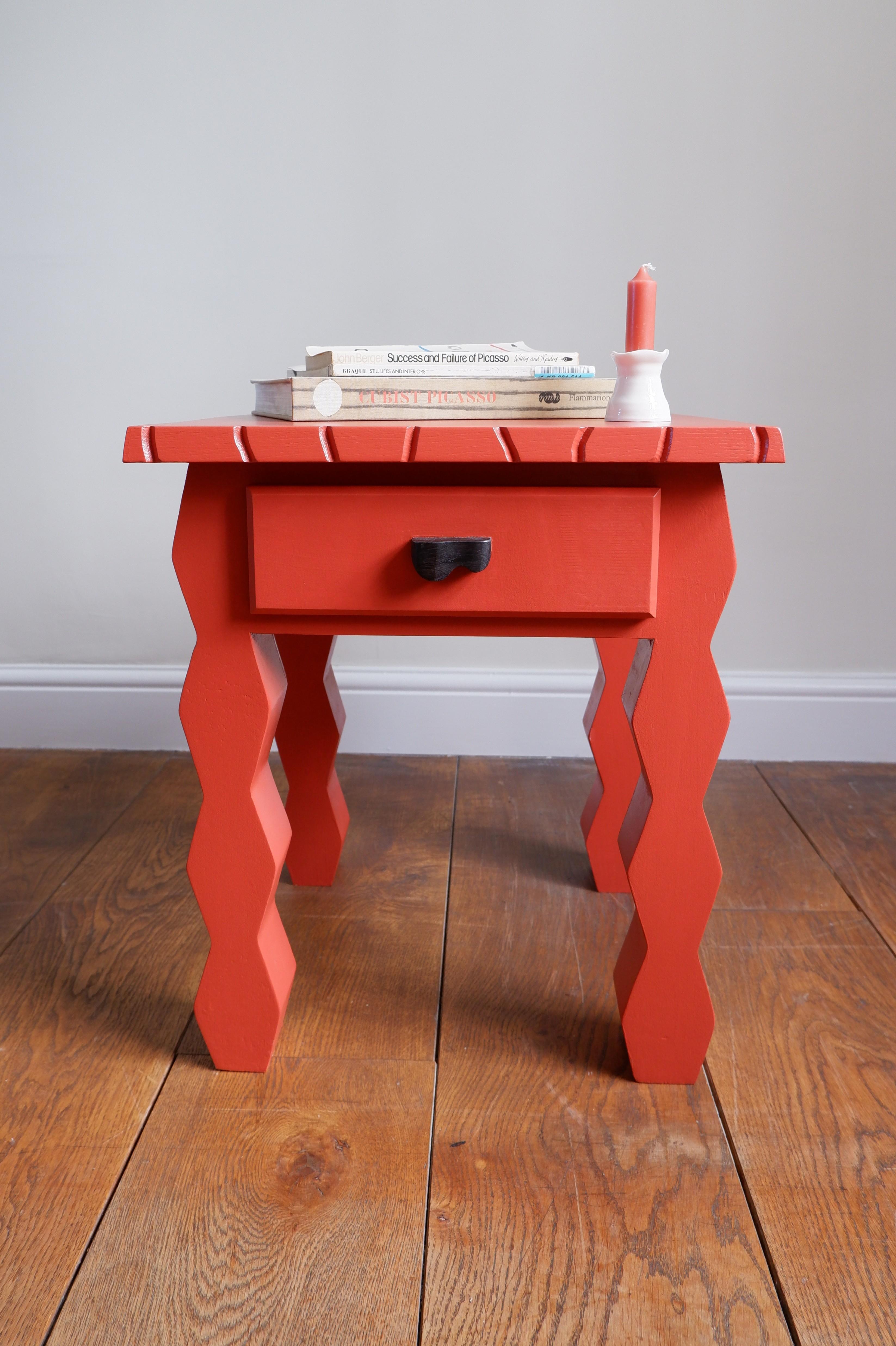 Post-Modern Braque's Bedside Table, by Josh Page Studio Finished in Bamboozle Red. Handmade For Sale