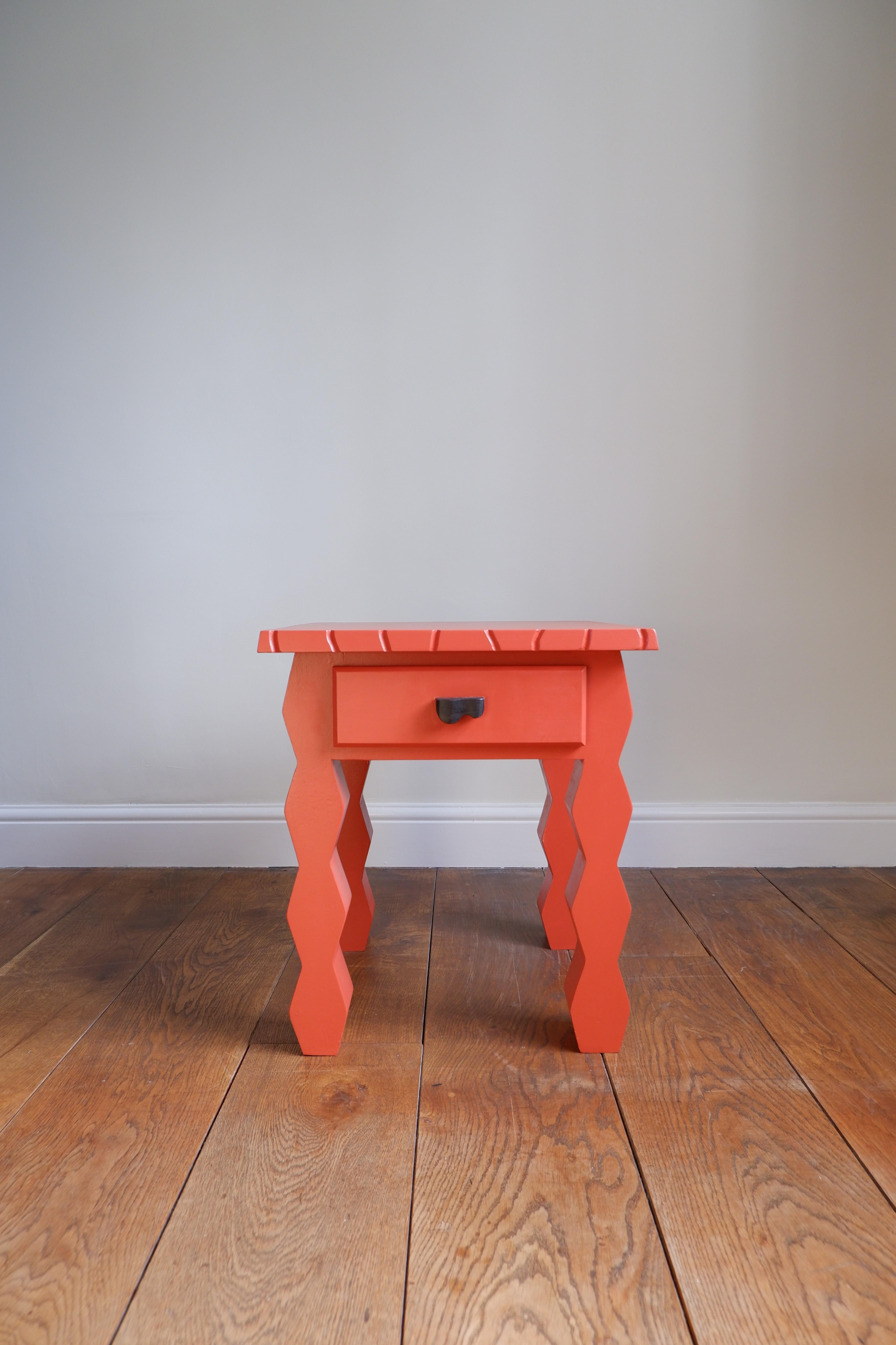 Beveled Braque's Bedside Table, by Josh Page Studio Finished in Bamboozle Red. Handmade For Sale