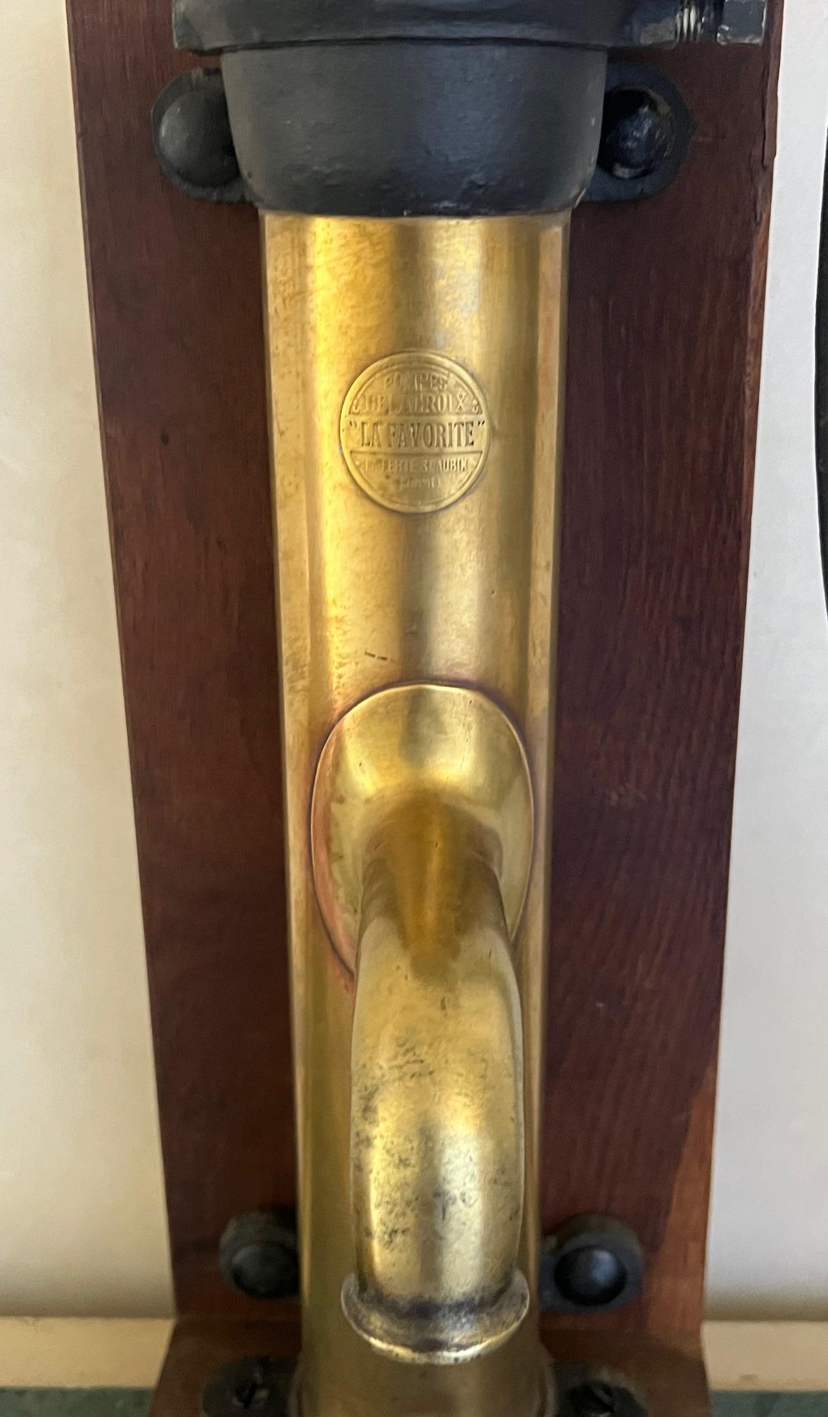 Brass and Cast Iron Antique Pump and Spout Mounted on Wood, c. 1900 For Sale 7