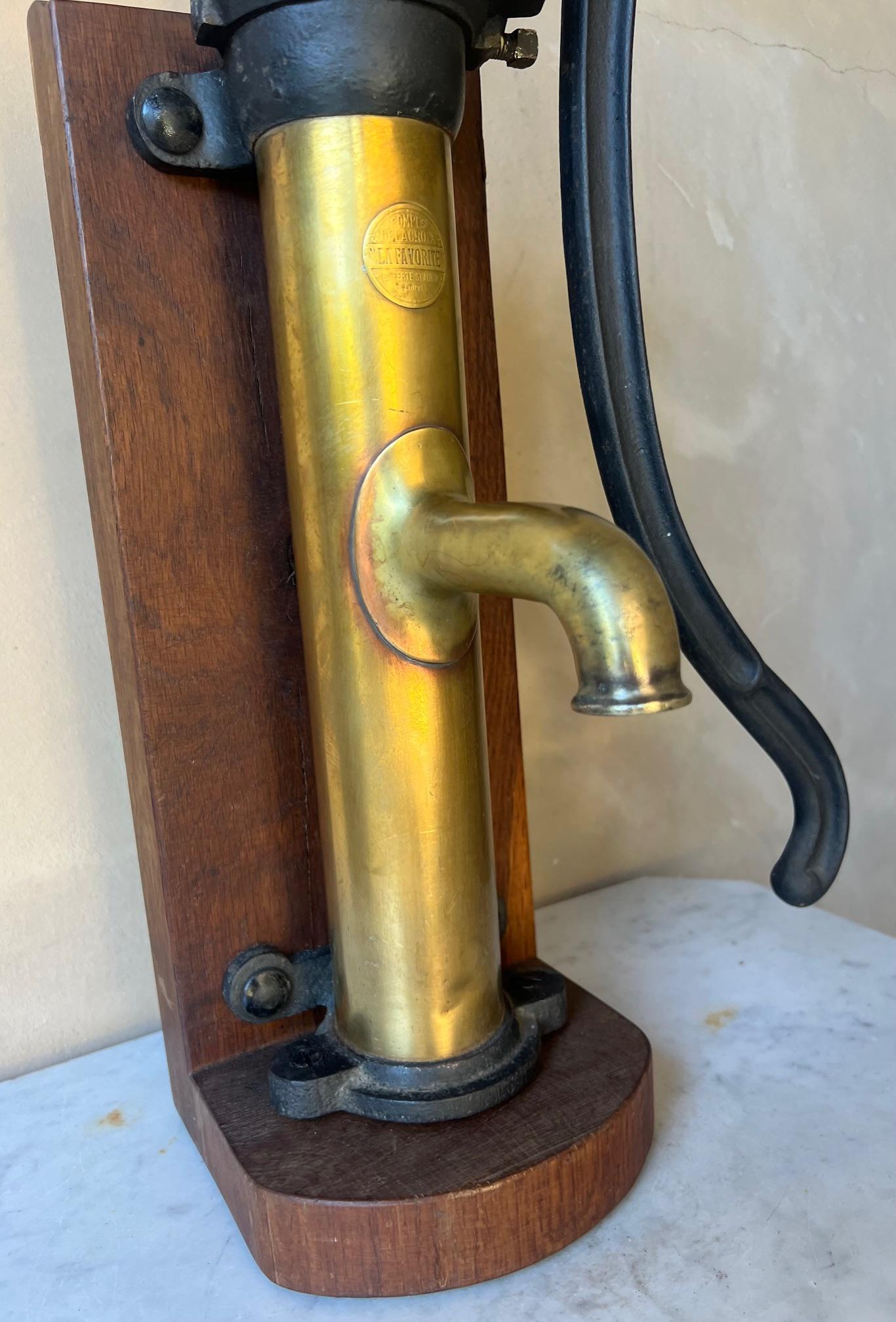 Brass and Cast Iron Antique Pump and Spout Mounted on Wood, c. 1900 For Sale 10
