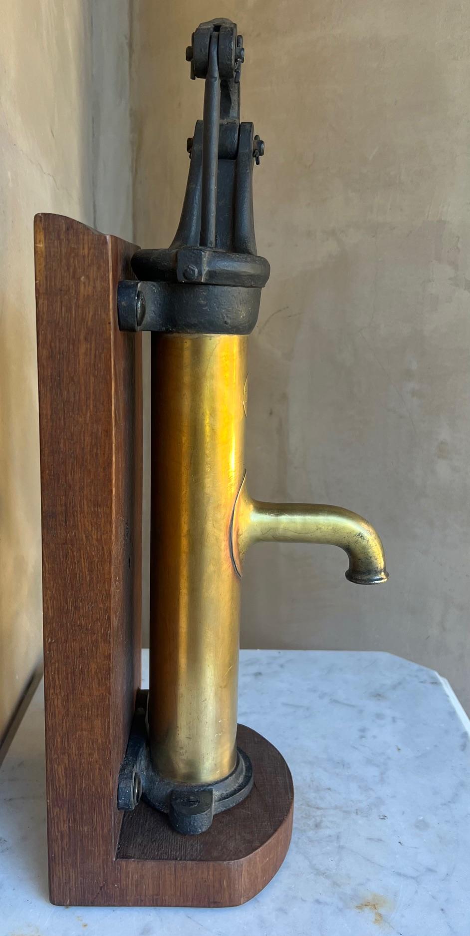 Brass and Cast Iron Antique Pump and Spout Mounted on Wood, c. 1900 For Sale 11
