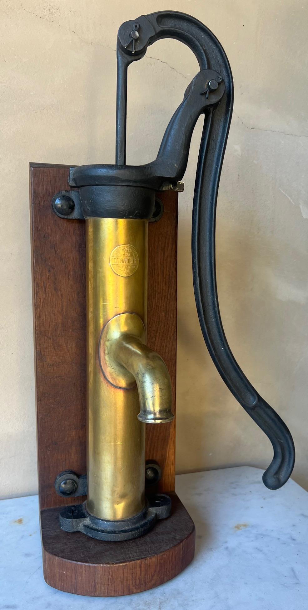 Brass and Cast Iron Antique Pump and Spout Mounted on Wood, c. 1900 For Sale 12