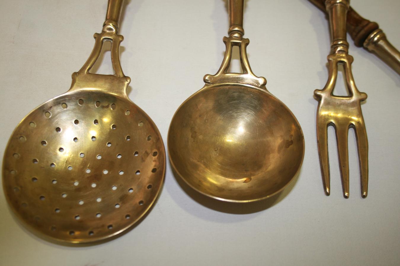 Brass Old Kitchen Utensils with from a Hanging Bar, Early 20th Century 10