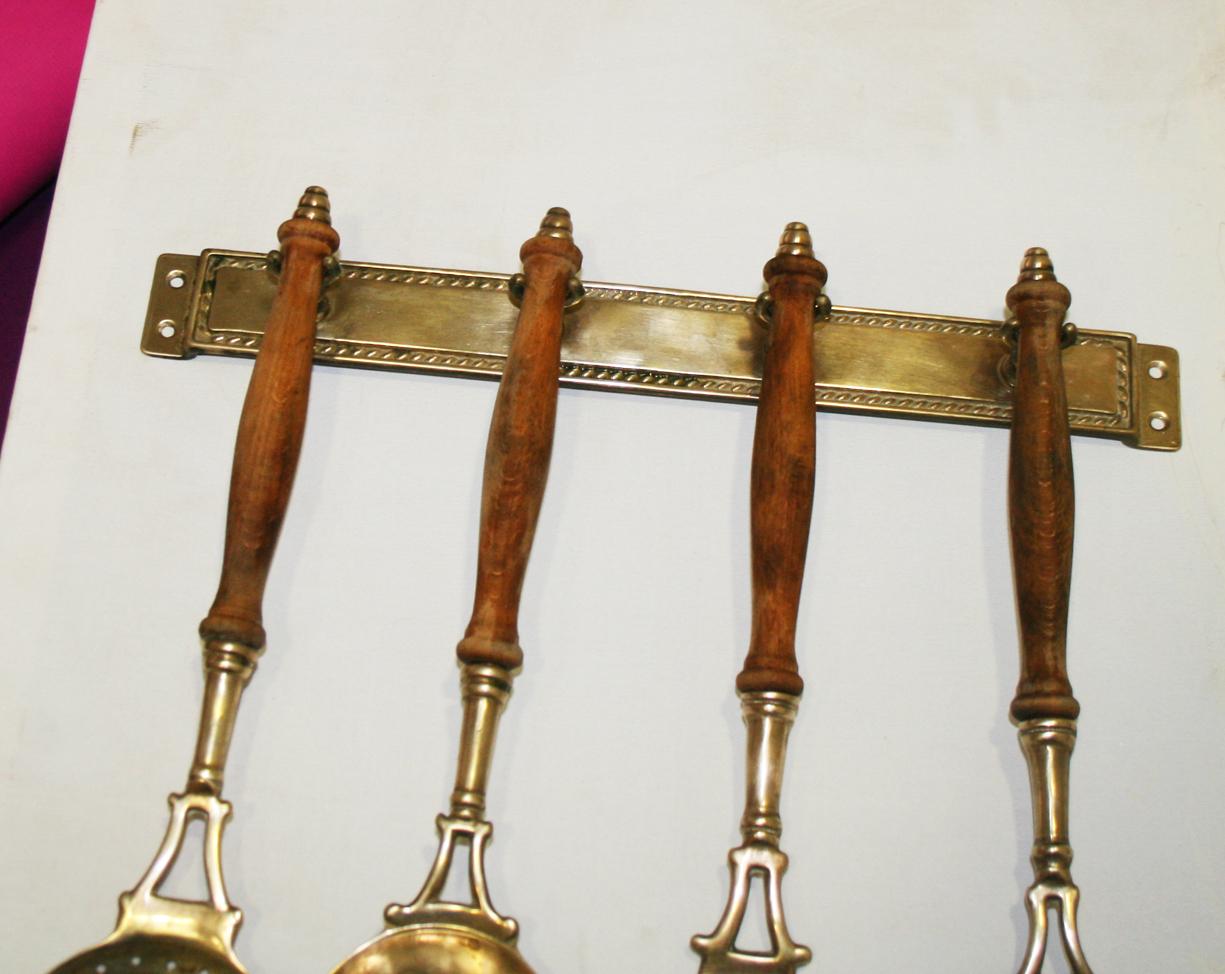 Brass Old Kitchen Utensils with from a Hanging Bar, Early 20th Century 11