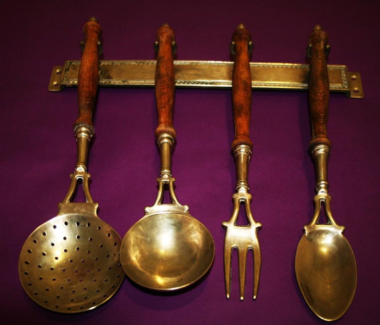 Brass Old Kitchen Utensils with from a Hanging Bar, Early 20th Century at 1stDibs