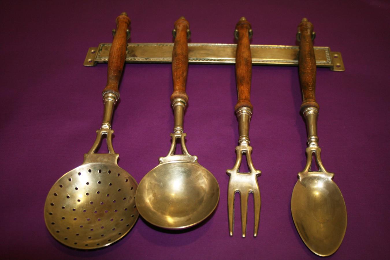 Art Nouveau Brass Old Kitchen Utensils with from a Hanging Bar, Early 20th Century