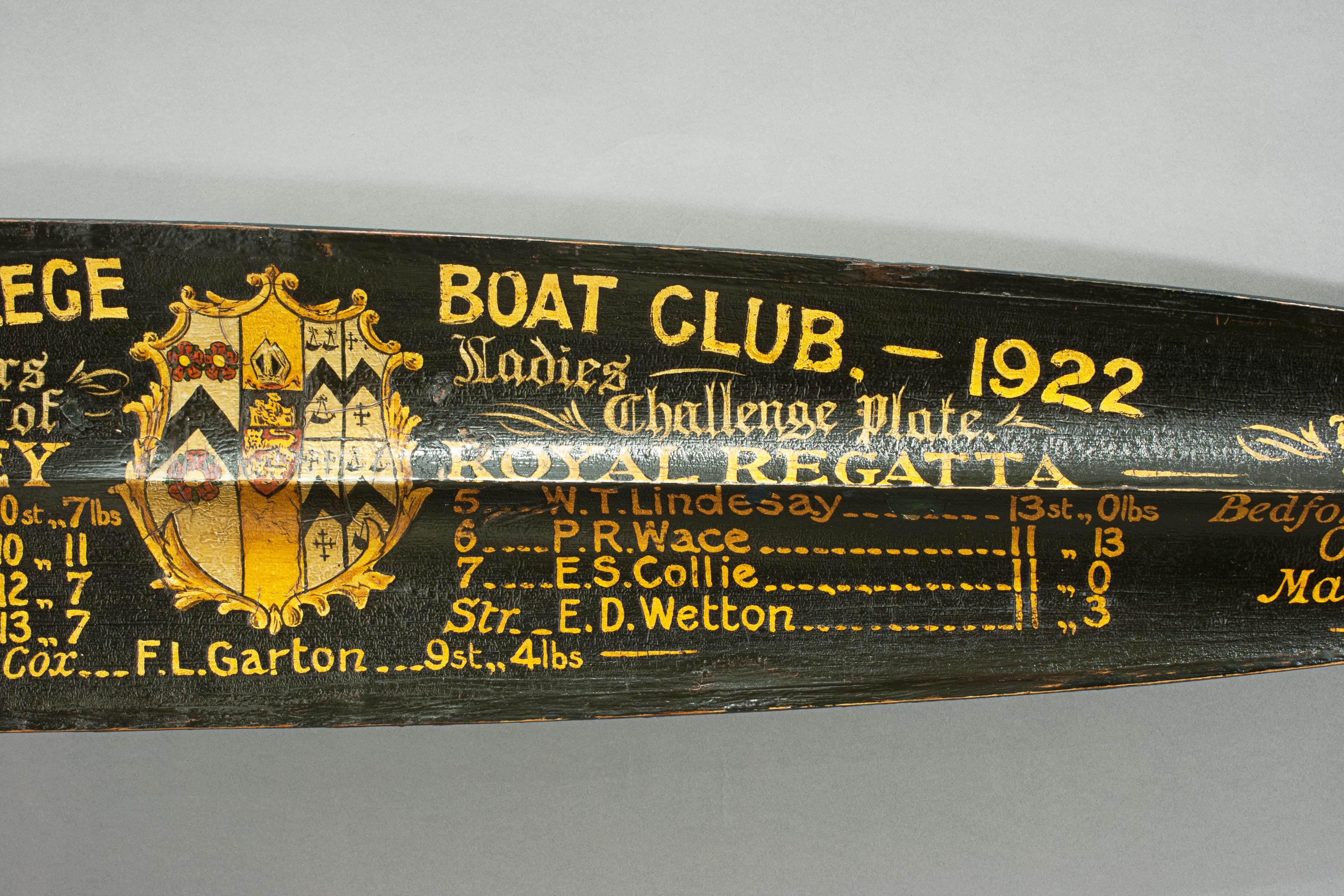 Early 20th Century Brasenose College Boat Club 1922 Rowing Oar, Henley Royal Regatta