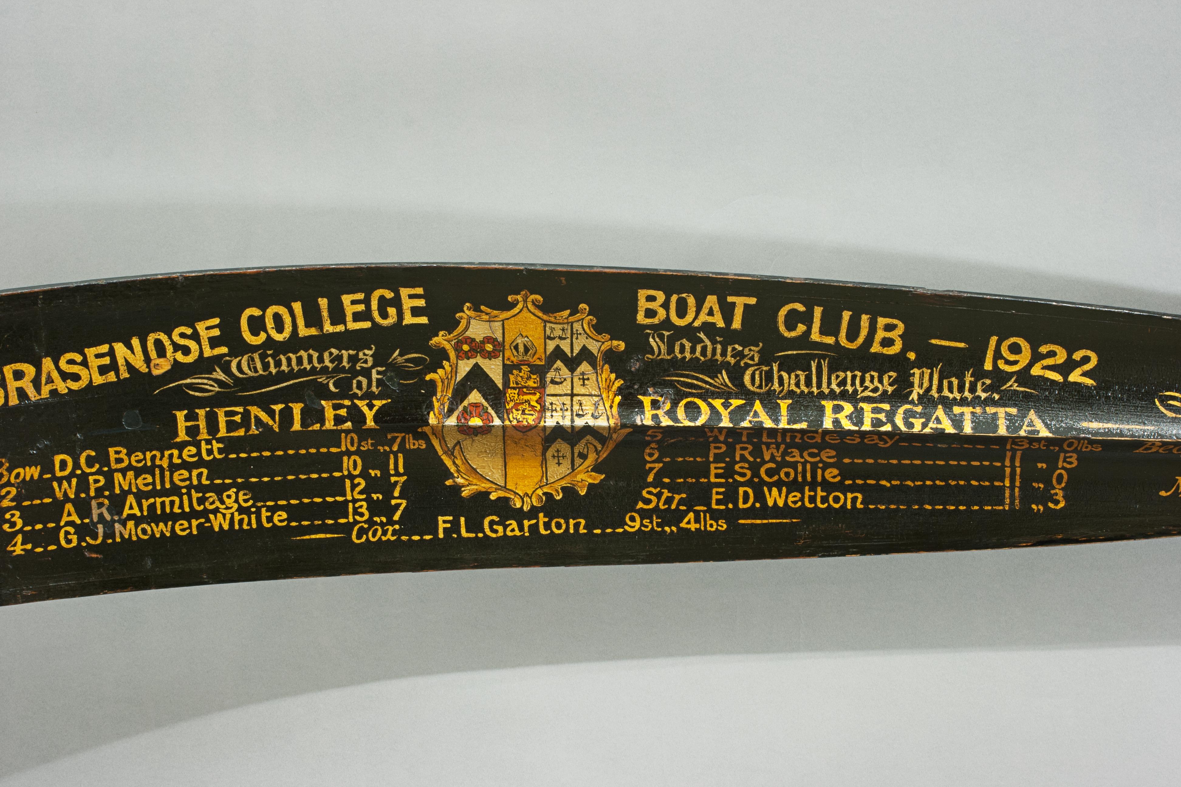 Brasenose College Boat Club 1922 Rowing Oar, Henley Royal Regatta 1
