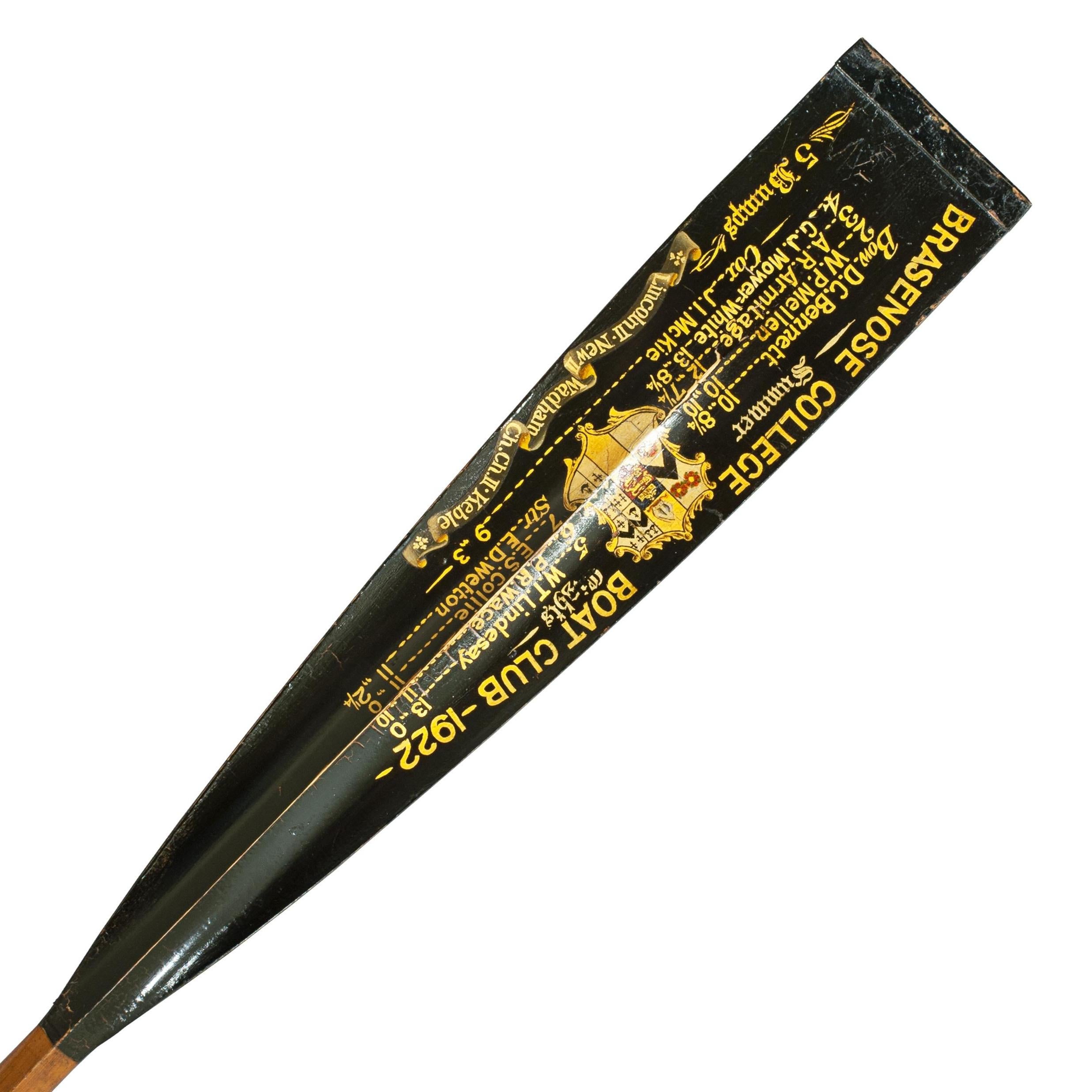 Rowing oar blade, Brasenose College 1922, Oxford University.
The full length oar is an original traditional Brasenose College (Oxford University) presentation rowing oar with gilt calligraphy and college insignia. The writing on the trophy blade is