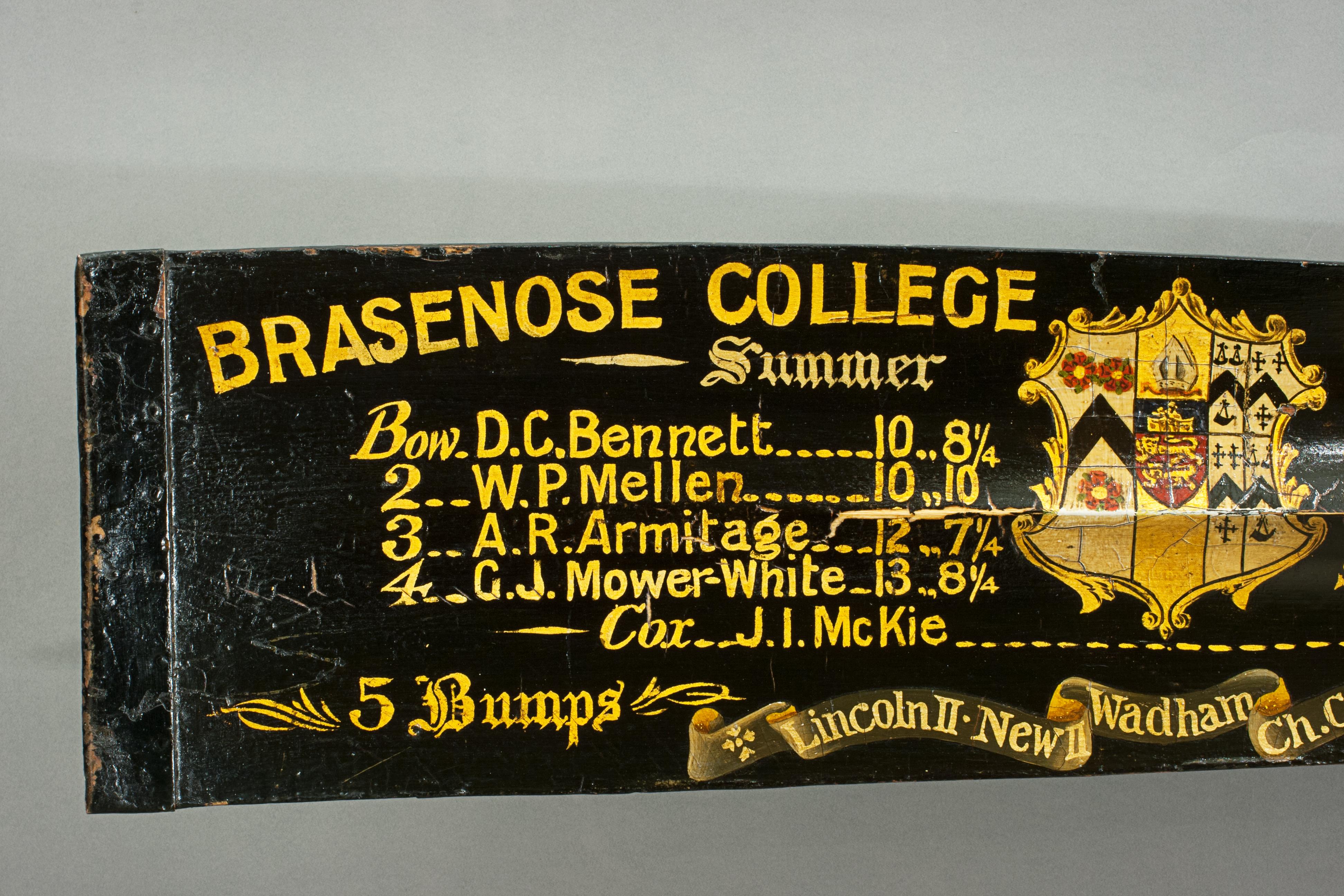 Sporting Art Brasenose College Boat Club 1922 Rowing Oar, Summer Eights, Oxford University