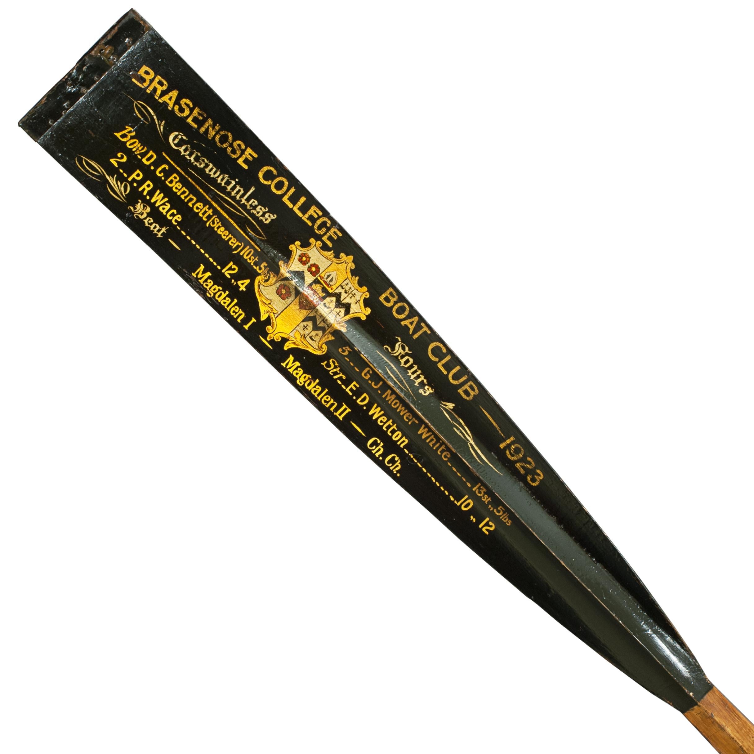 A fine Rowing oar blade, Brasenose College 1923, and 1922, Oxford University.
The full length oar is a original traditional Brasenose College (Oxford University) presentation rowing oar with gilt calligraphy and college insignia. The writing on the