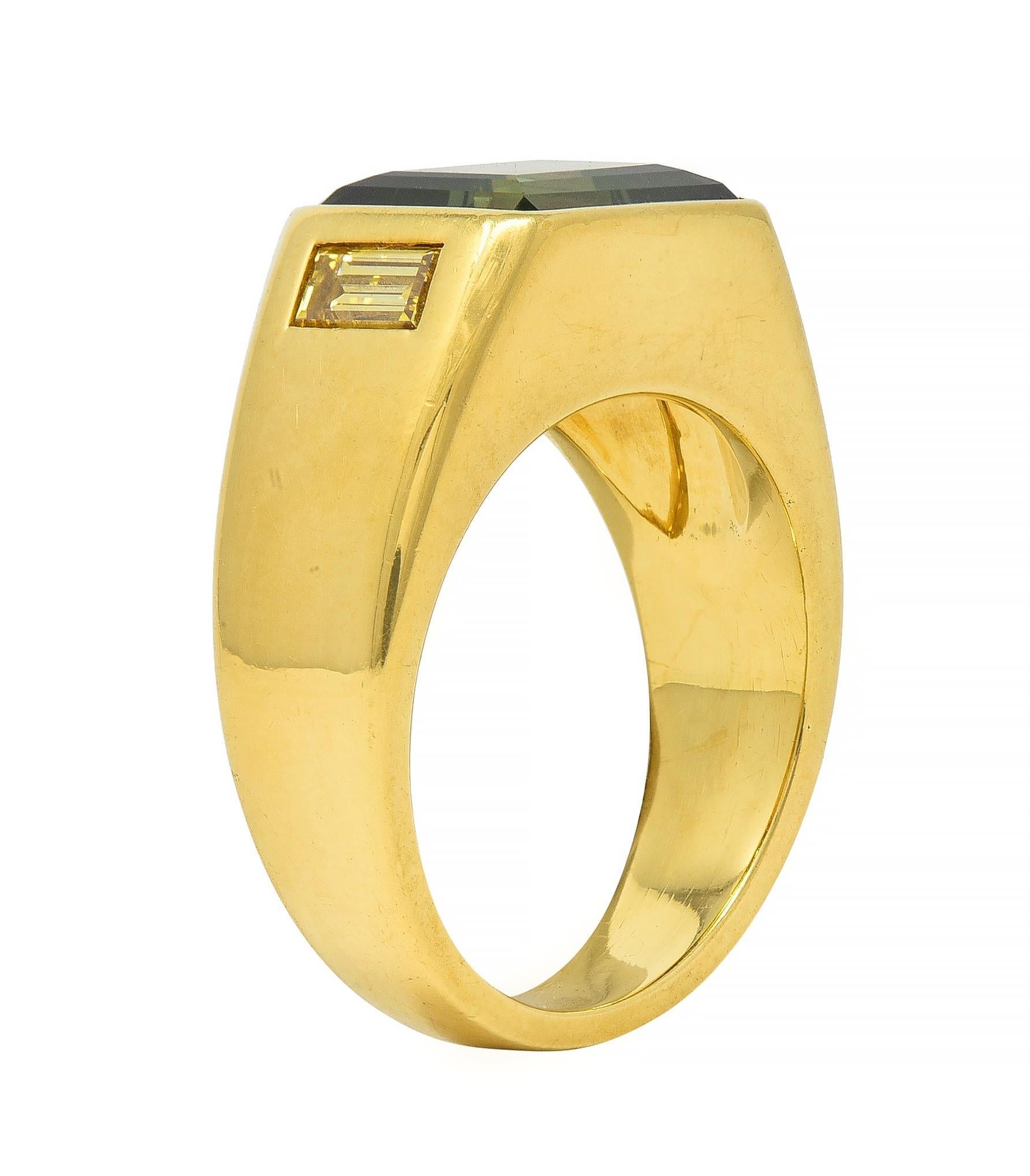BRASH 8.08 CTW Green Sapphire Diamond 18 Karat Gold Three Stone Men's Ring For Sale 4