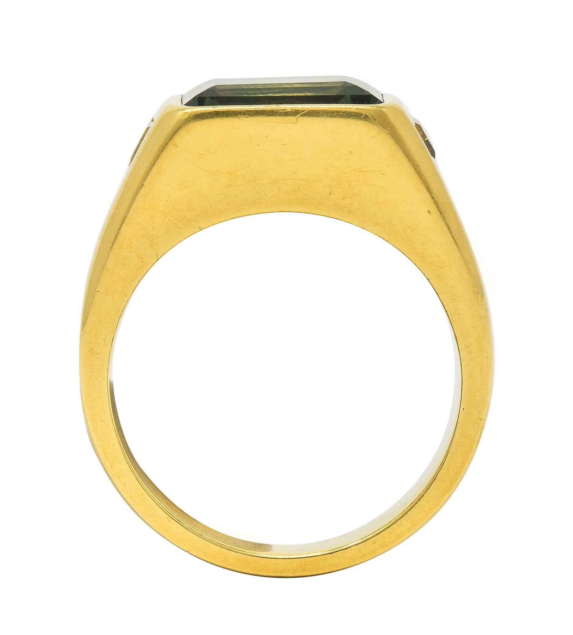 BRASH 8.08 CTW Green Sapphire Diamond 18 Karat Gold Three Stone Men's Ring For Sale 5