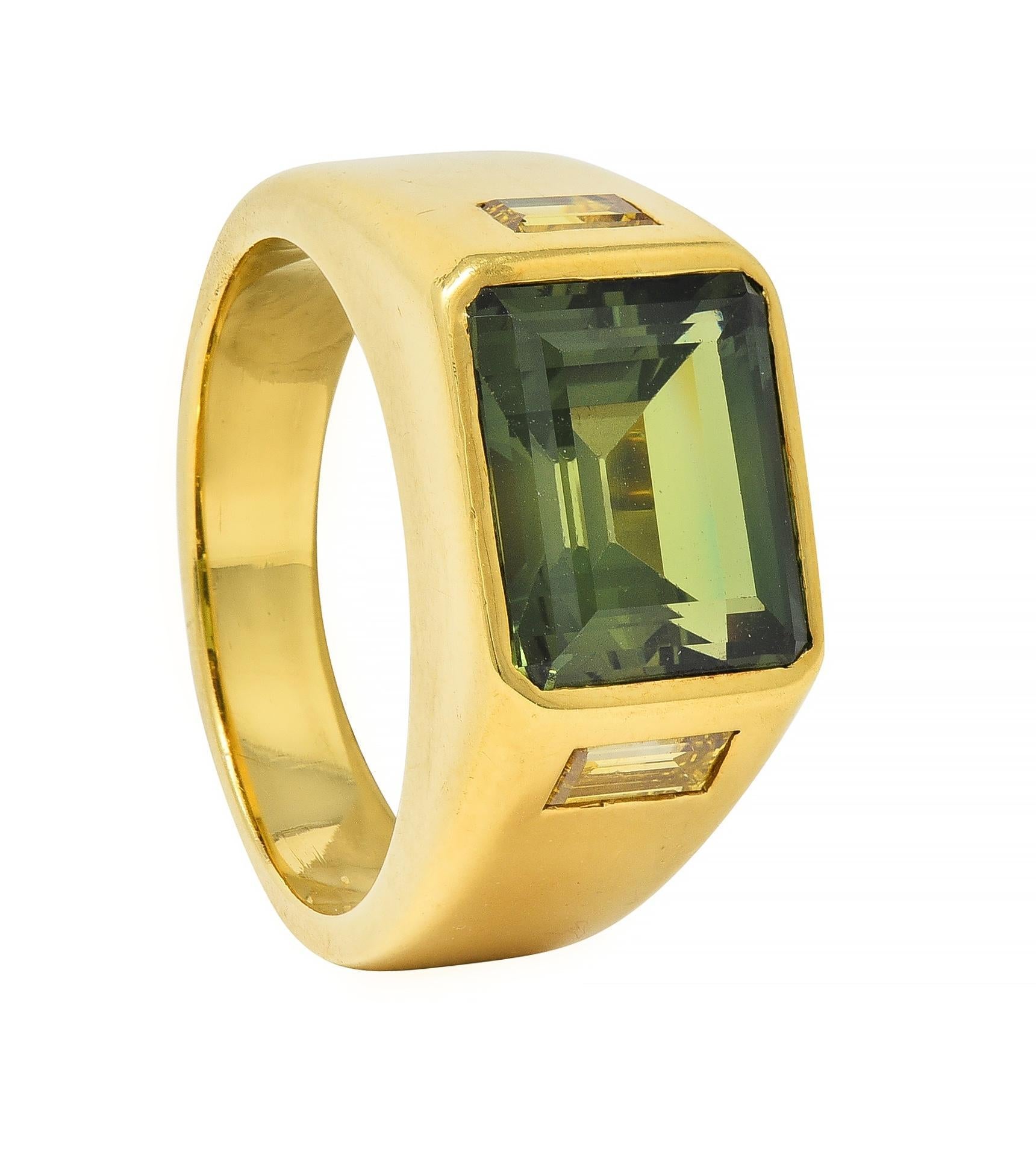BRASH 8.08 CTW Green Sapphire Diamond 18 Karat Gold Three Stone Men's Ring For Sale 6