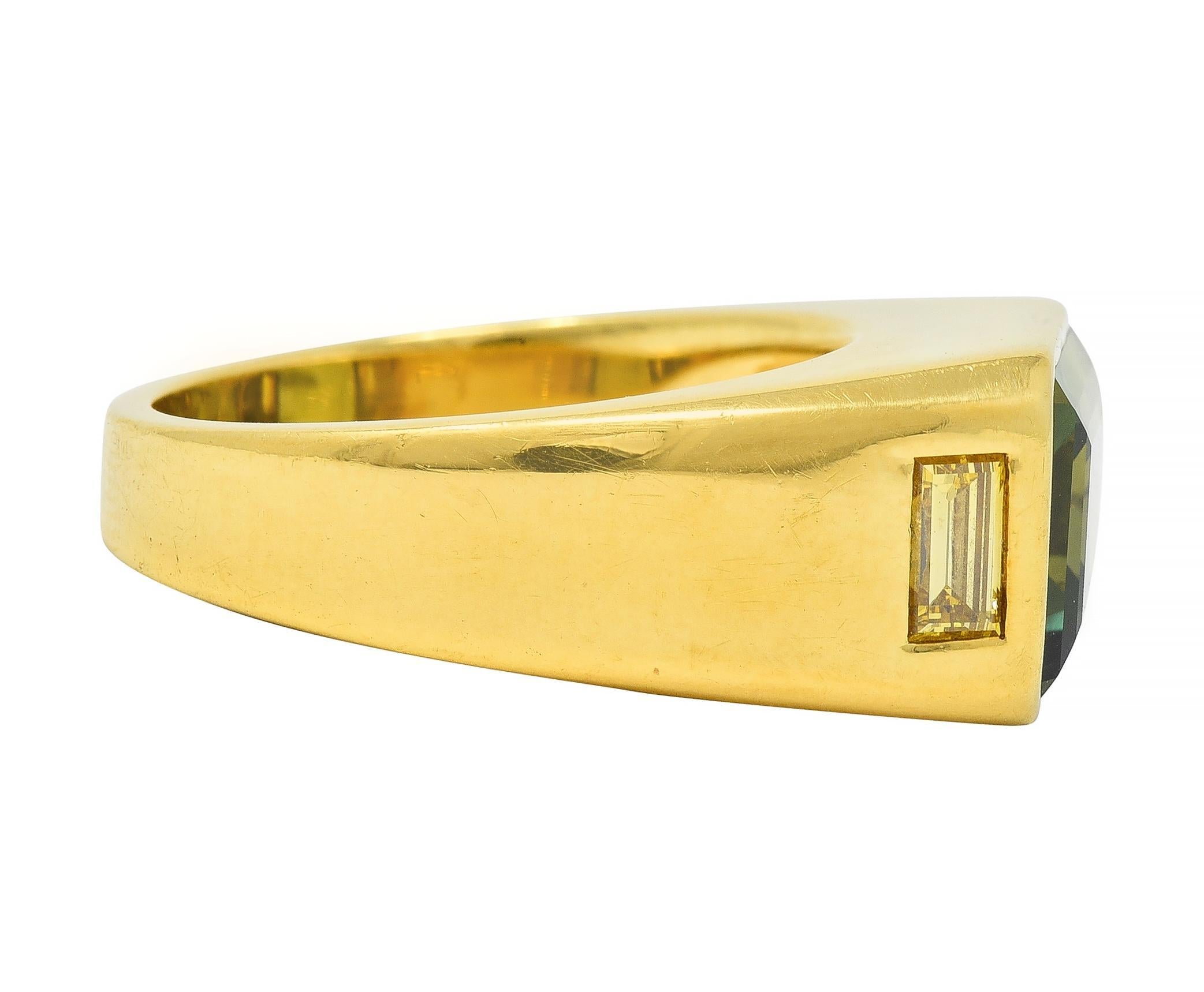 Contemporary BRASH 8.08 CTW Green Sapphire Diamond 18 Karat Gold Three Stone Men's Ring For Sale