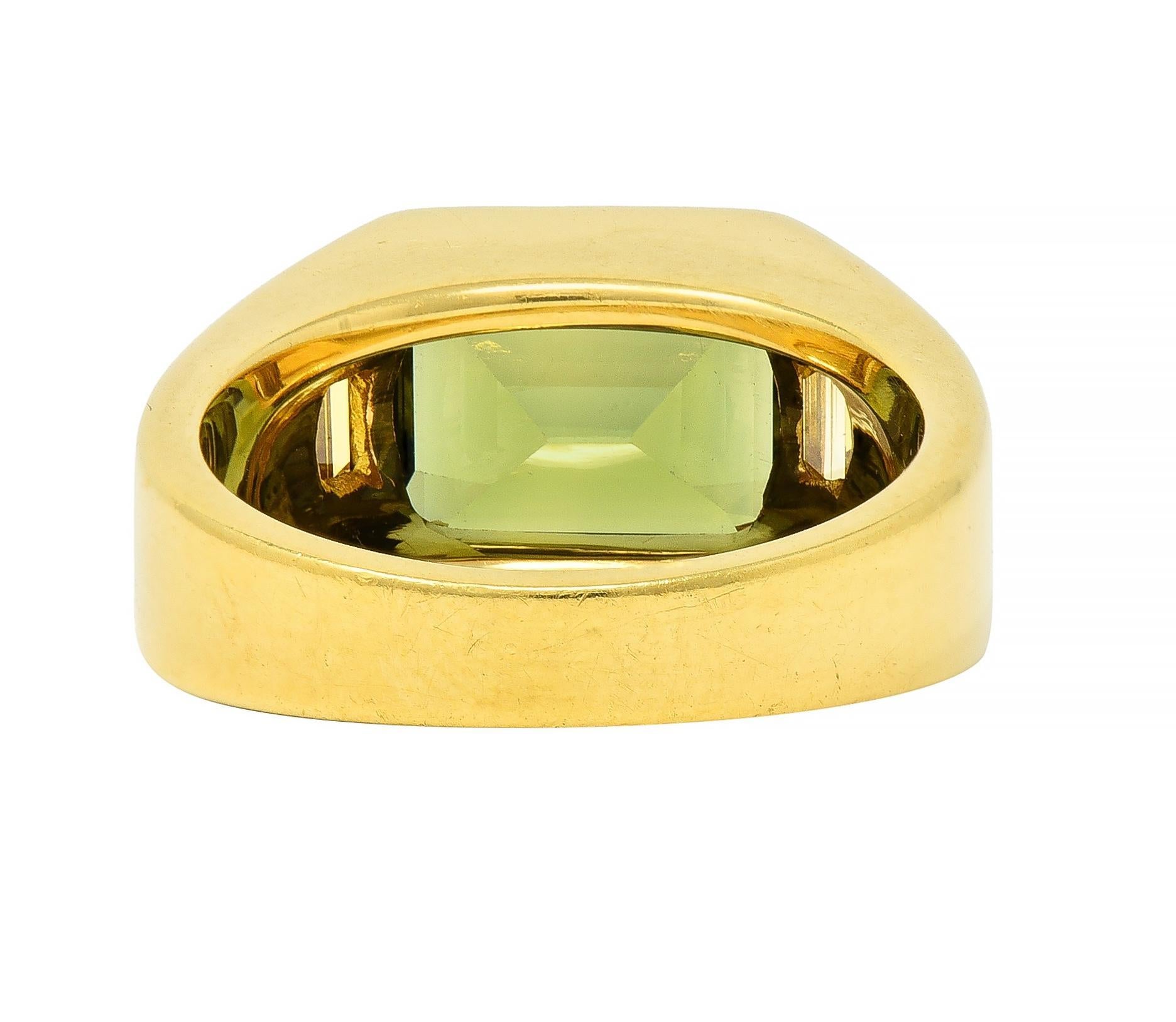 Emerald Cut BRASH 8.08 CTW Green Sapphire Diamond 18 Karat Gold Three Stone Men's Ring For Sale