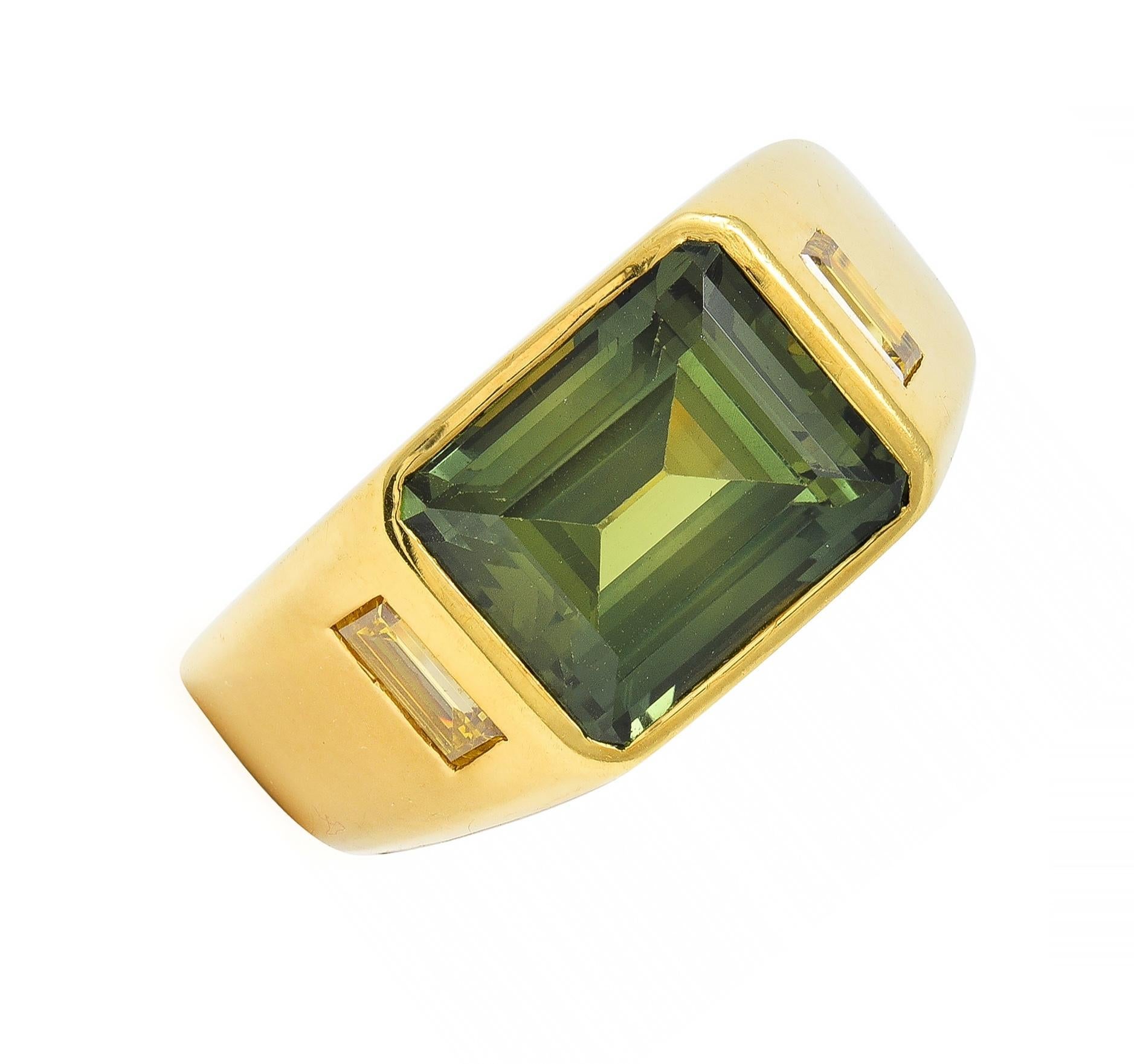 BRASH 8.08 CTW Green Sapphire Diamond 18 Karat Gold Three Stone Men's Ring For Sale 2