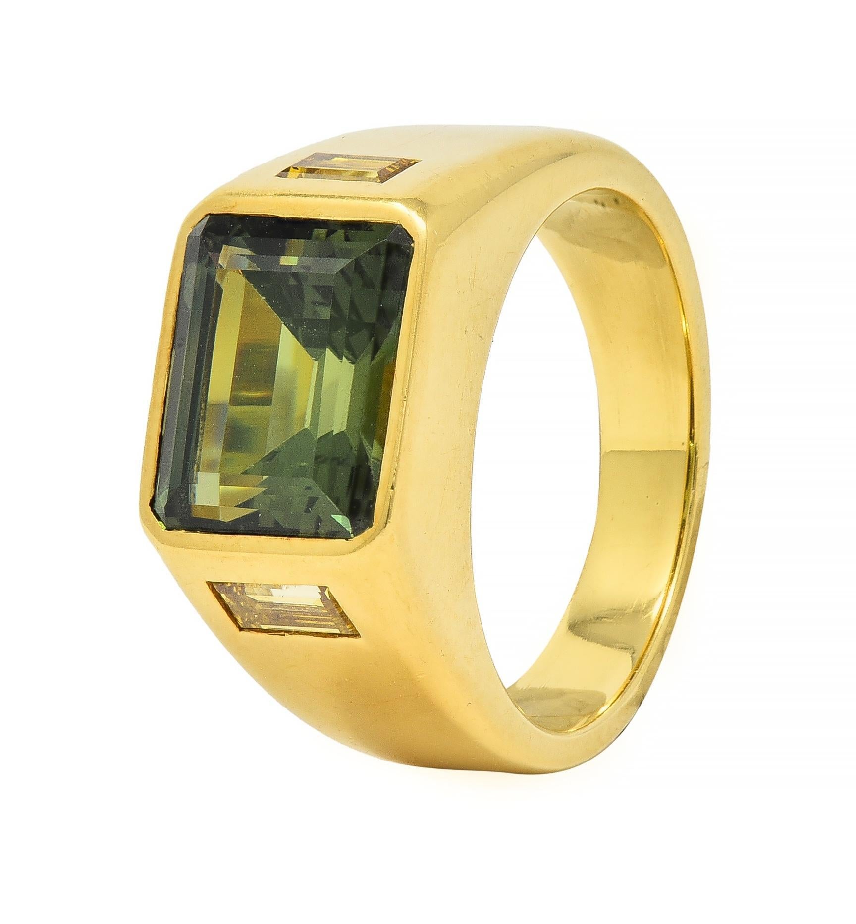 BRASH 8.08 CTW Green Sapphire Diamond 18 Karat Gold Three Stone Men's Ring For Sale 3